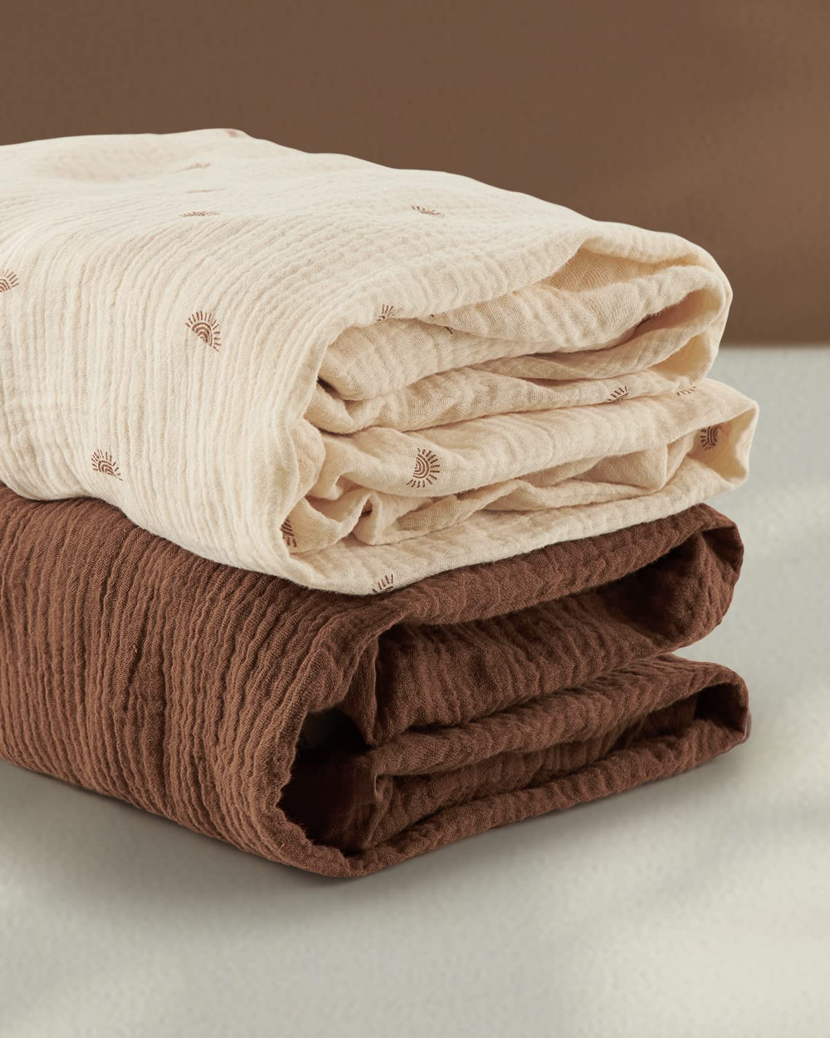 Blissful Diary Muslin Mini Crib Sheets, Pack and Play Mattress Sheets Fitted for Pack N Play, Soft Cotton for Boys Girls, 2 Pack(Sunshine&Brown)
