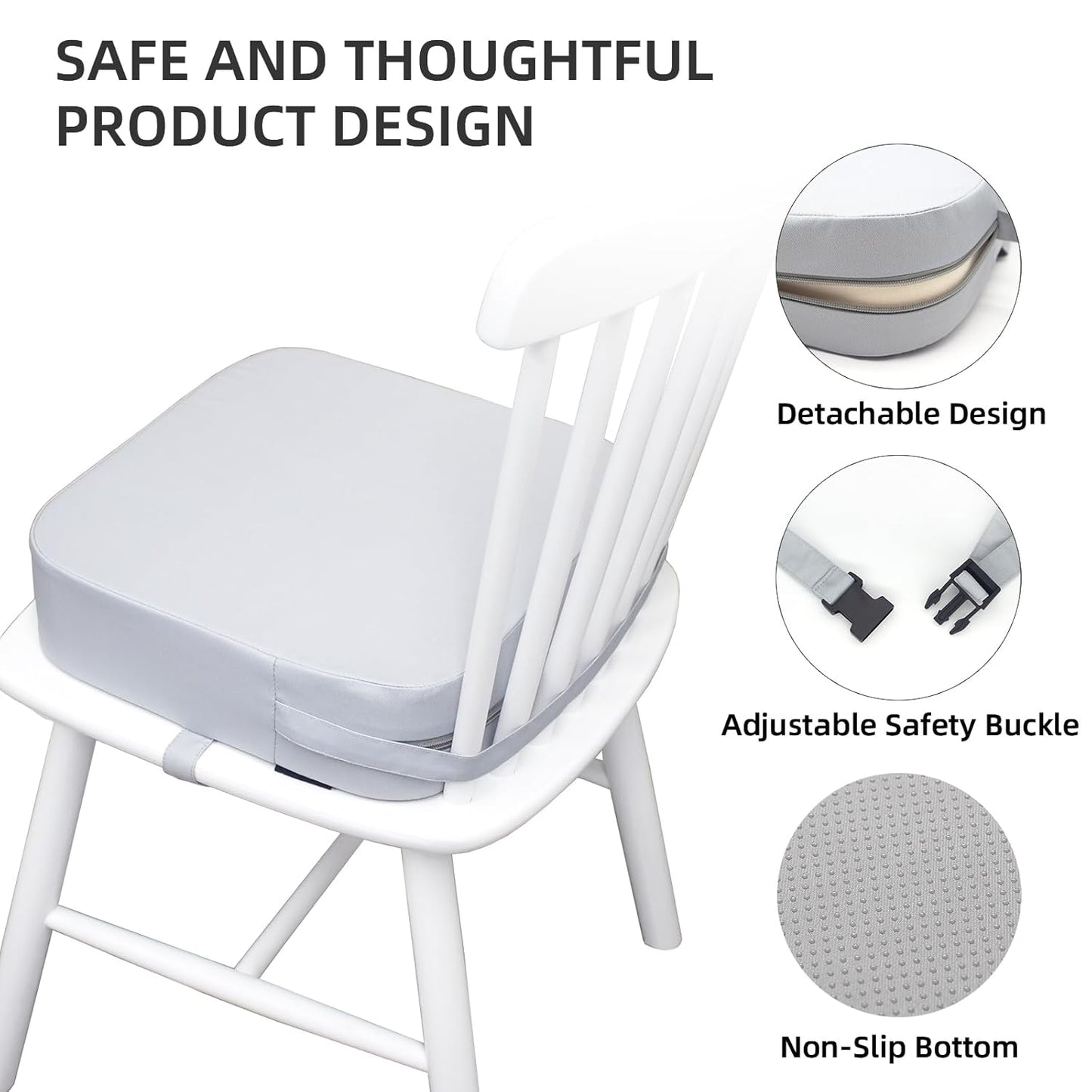 Toddler Booster Seat for Dining Table, Portable Kids Booster Seat with Safety Buckles Portable Increasing Booster Cushion with Non-Slip Bottom (Light Gray)