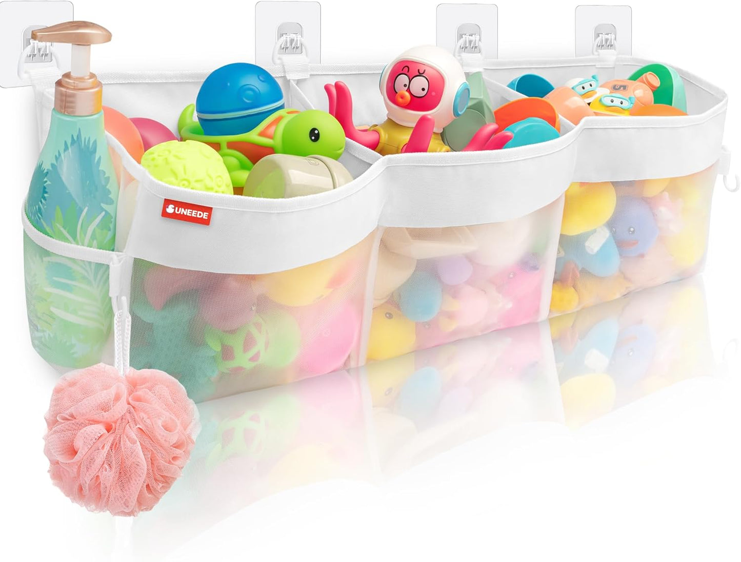 UNEEDE 3 Compartment Horizontal Bath Toy Organizer for Tub,Extra Large Capacity 4.95 Gallons Bath Toy Storage Holder,Mesh Quick Dry Bathtub Storage and Organizer,Easy Access Baby Bathtub Holder