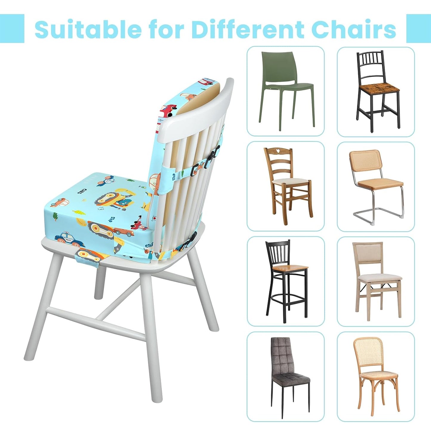 Toddler Booster Seat for Dining Table with Adjustable Straps, Kids Booster Seat for Kitchen Chair with Non-Slip Bottom, Portable Detachable Washable Increasing Cushion (Excavator)