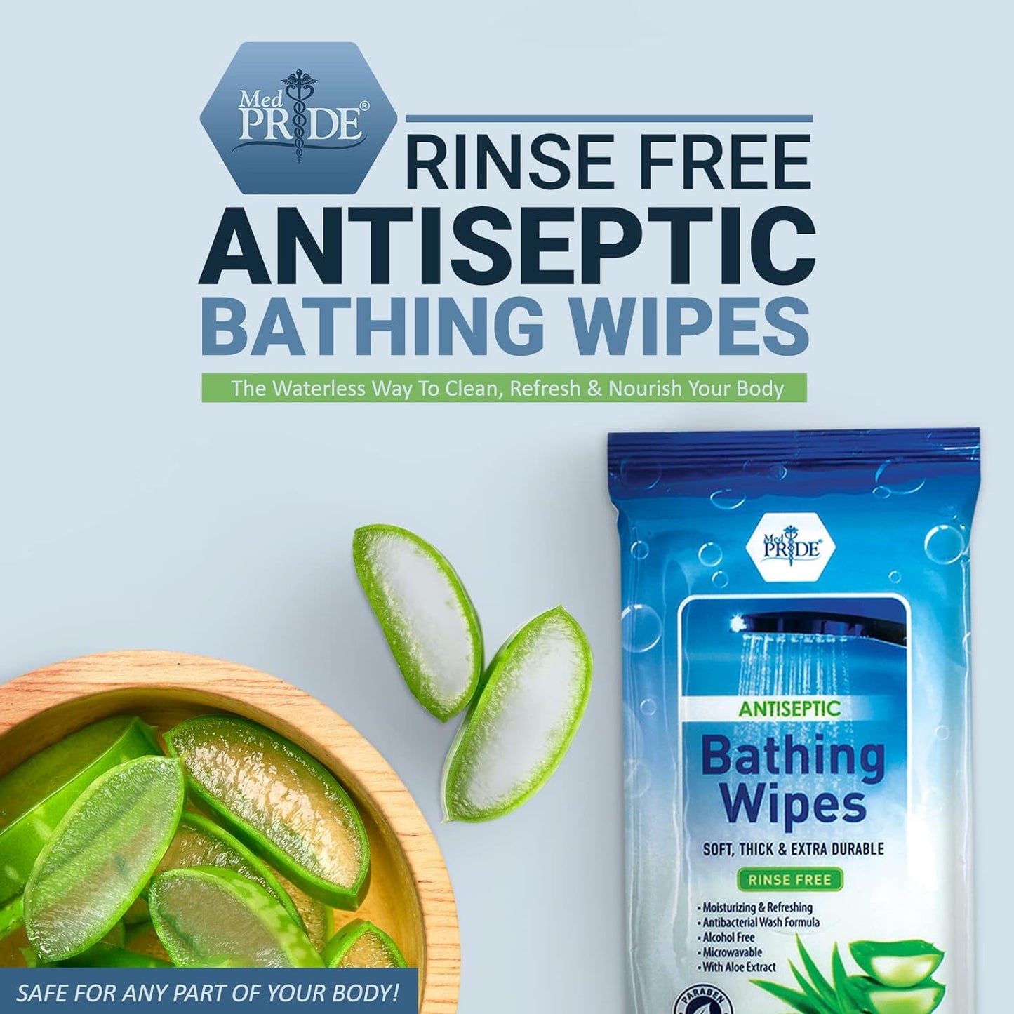MED PRIDE Hospital Wipes for Bathing, Waterless No-Rinse Bath Wipes for Adults, Microwavable Soft Thick, 12 Packs (96 Count), Aloe Vera
