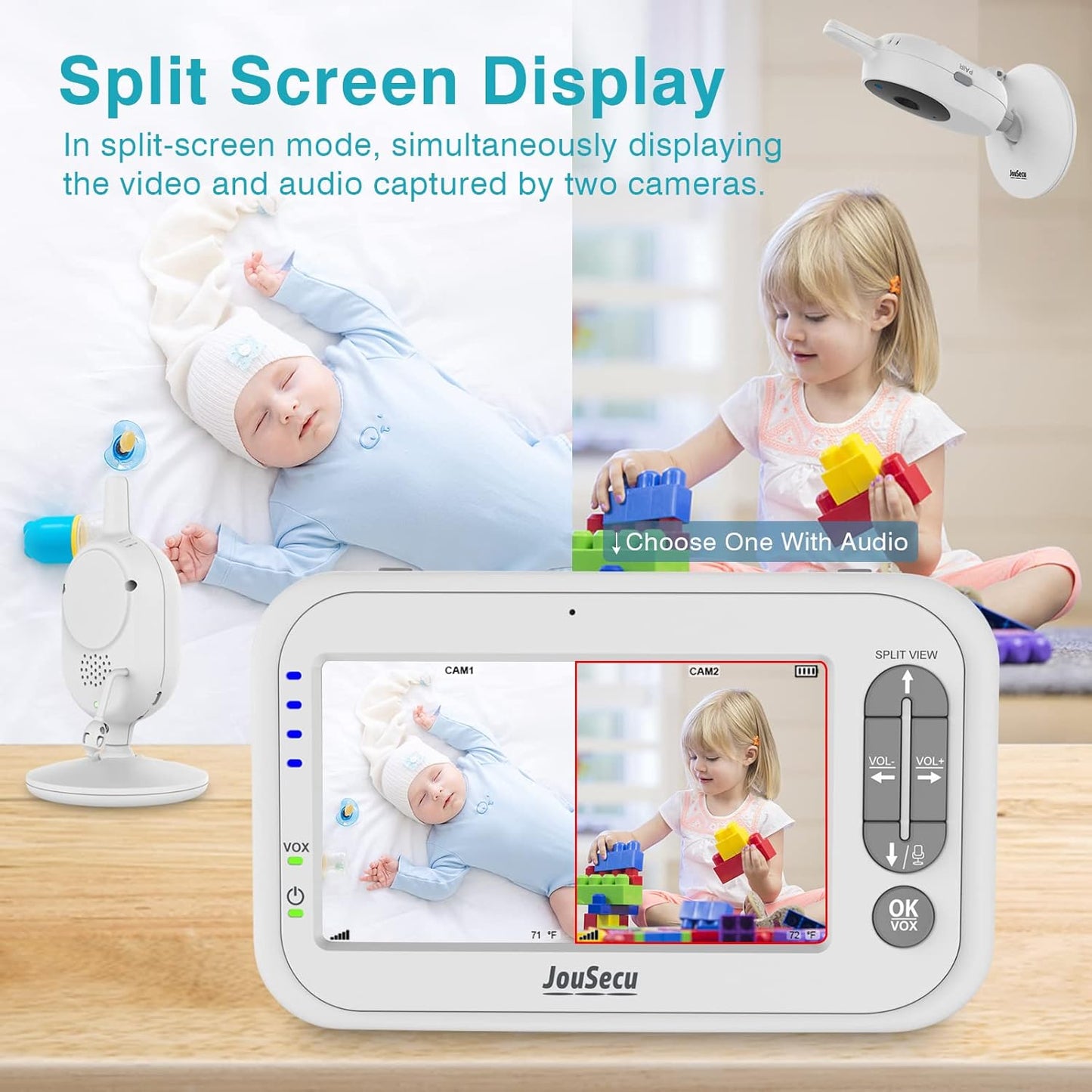 Baby Monitor with 2 Cameras, Video Baby Monitor, 4.3" LCD Split Screen,2-Way Audio, Crying Detection, Night Vision, Temperature Detection