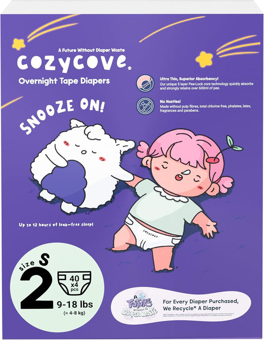 Cozycove Size 2 Diapers, Snooze On Slim Overnight Tape Diapers, Size 2 (9-18 lbs), 160 Count (4 Packs of 40)
