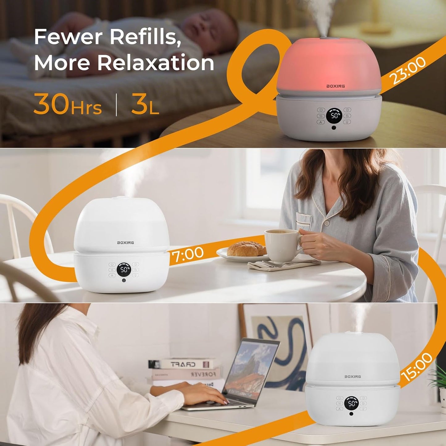 BOXING Top Fill Humidifiers for Bedroom Baby with Humidistat, 20dB Quiet Air Humidifier for Large Room & Indoor Plants with Remote, Cool Mist Diffuser for Home, 7 Color Light, Essential Oil Tray,Timer
