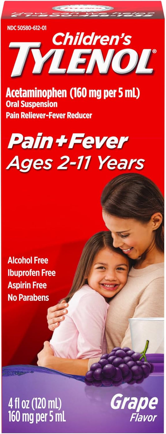 Children's Tylenol Liquid Oral Suspension Medicine, Acetaminophen Pain Reliever & Fever Reducer for Cold + Flu Symptoms & Sore Throat, Aspirin-, Ibuprofen- & Alcohol- Free, Grape, 4 fl. oz