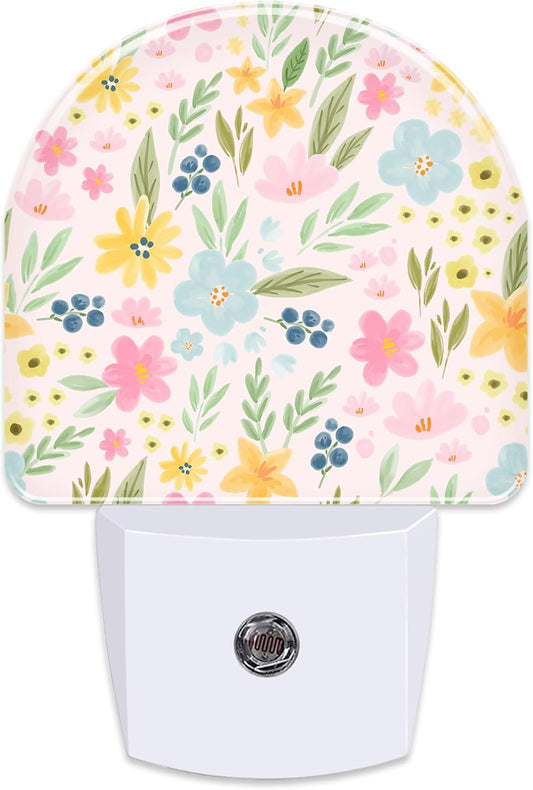 Watercolor Spring Flowers Night Light for Kids,Pink Botanical Leaves Floral Night Light Plug in with Dusk to Dawn Sensor,0.5w Energy Saving Nightlight for Hallway Stairway Kitchen Bedroom