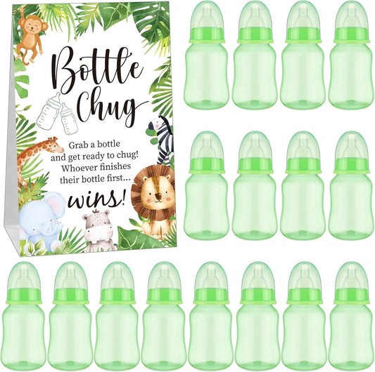 TrelaCo Bottle Chug Baby Shower Game 20 Pcs Baby Bottles Shower Favor with 1 Forest Animal Theme Sign for Gender Reveal Party Supplies Gifts(Green)