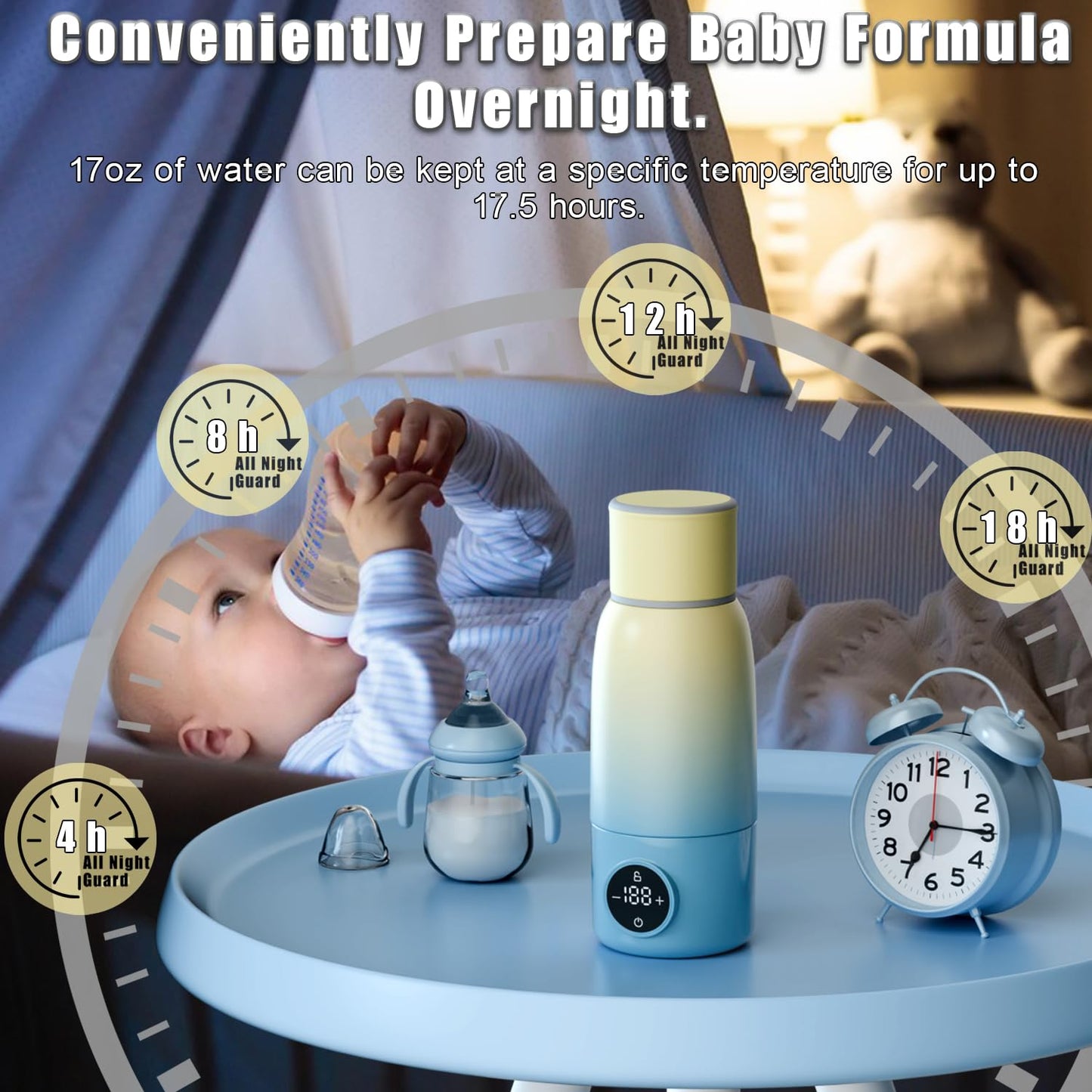 Portable Bottle Warmer, Travel Formula Milk Warmer for Baby, 17oz Water Warmer On The Go with 3min-Rapid-Heat Fast Charge Cordless Formula Warmer Temp Control Baby Travel Essential Xams Gift