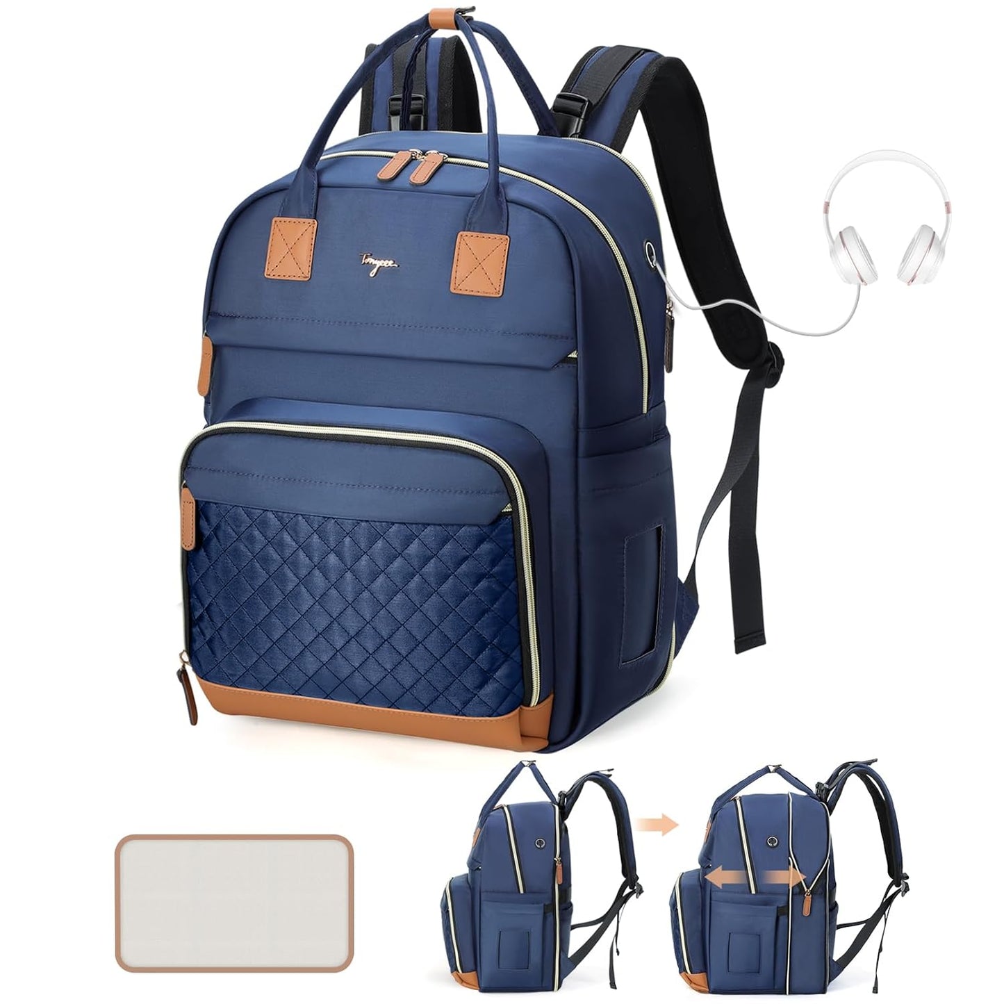 Diaper Bag Backpack - Extra Large Diaper Bag for 2 Kids Twin, Travel Baby Bags for Mom Dad 25-37L Expandable with Changing Pad Earphone Hole, Solid Blue