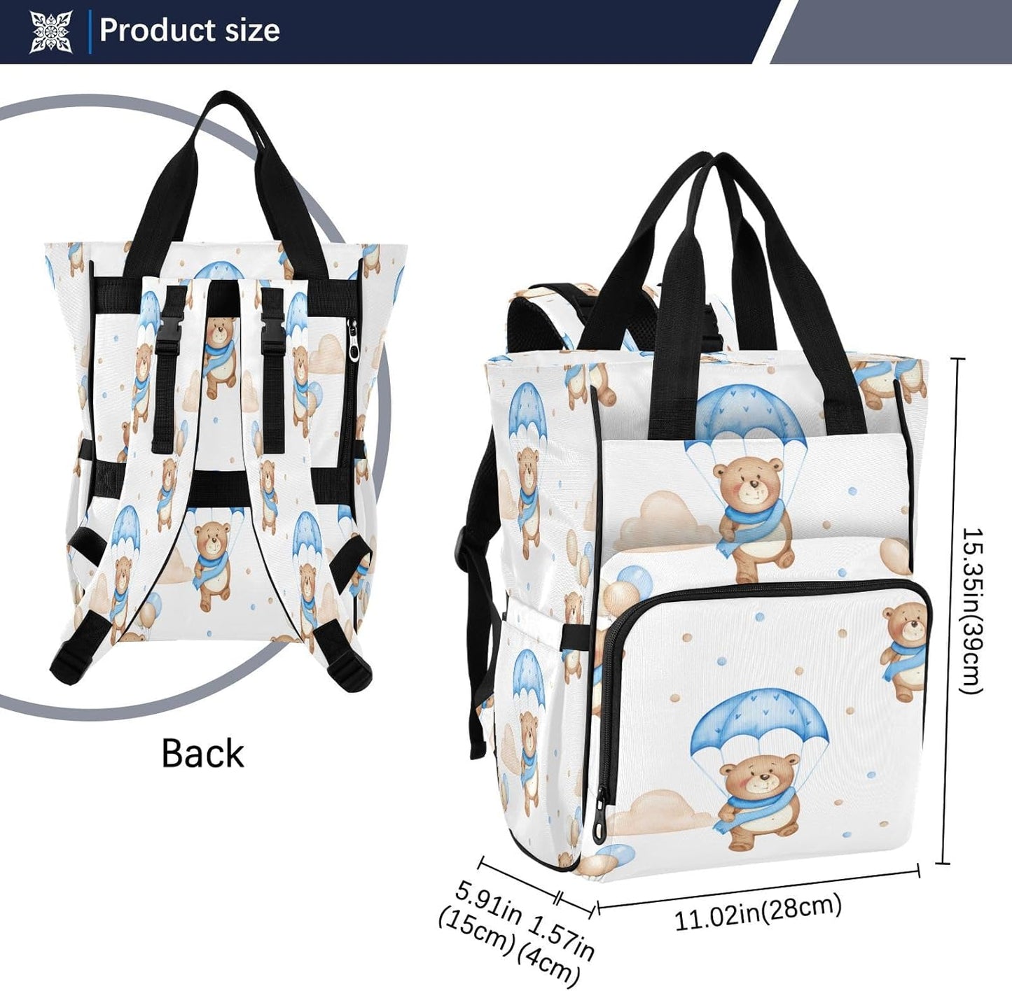 Cozy Bear Motif Diaper Bag Backpack, Unisex Travel Baby Backpack Diaper Bags with Stroller Straps & Pacifier Case, Large Capacity Waterproof Diaper Backpack