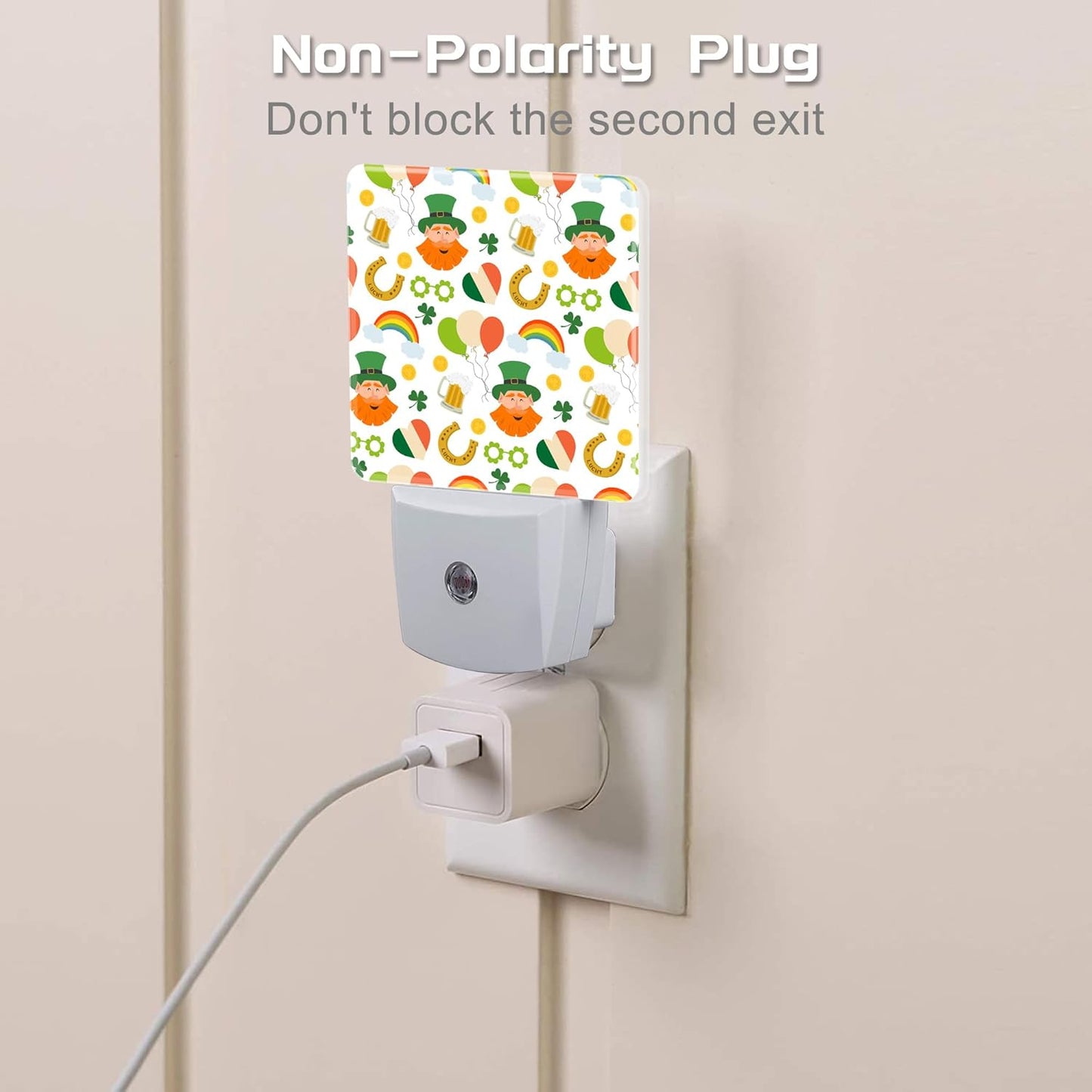 St. Patrick's Day Cute Pattern Night Light for Kids,Green Shamrock Leprechaun and Rainbow Night Light Plug in with Dusk to Dawn Sensor, 0.5w Energy Saving Sleep Friendly Nightlight for Kitchen Bedroom