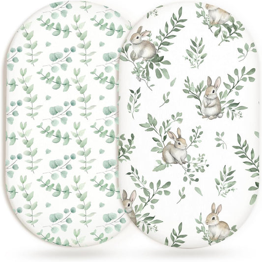 Bassinet Sheets for Baby Girls Boys 2 Pack, Fitted Baby Mattress Sheet for Rectangle, Oval, Hourglass Bassinet Mattress, Breathable Cozy & Universal Fit (Bunny Meadow)