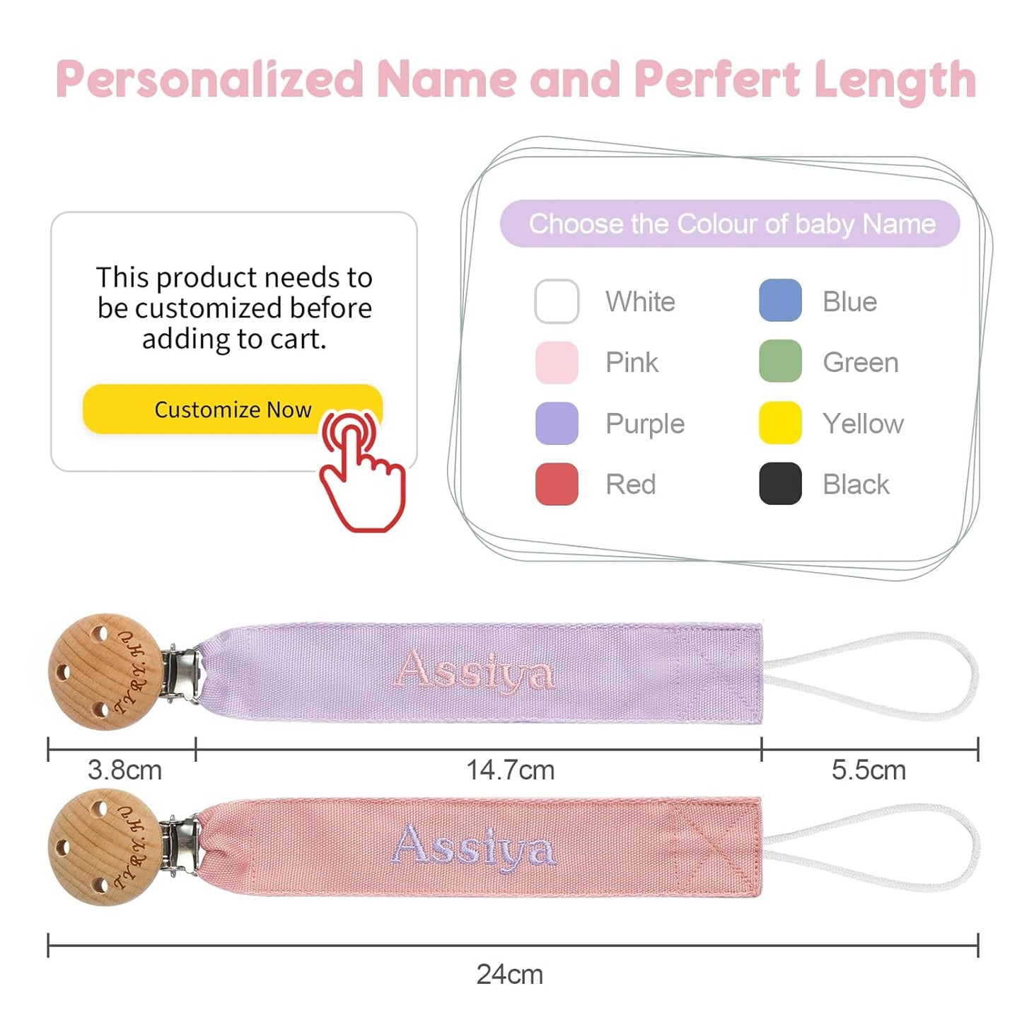 TYRY.HU Personalized Pacifier Clip with Name, Embroidery Pacifier Holder for Baby Girls and Boys, Neutral Binky Clips Universally Fit All Pacifiers & Baby Toys, Baby Gift, 2 Pack(Pink,Purple)
