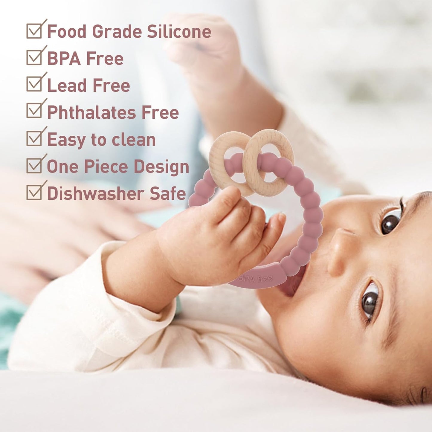 Baby Teether, One Piece Design Silicone & Beech Teething Ring Toy for Babies, BPA Free (Power Rose)