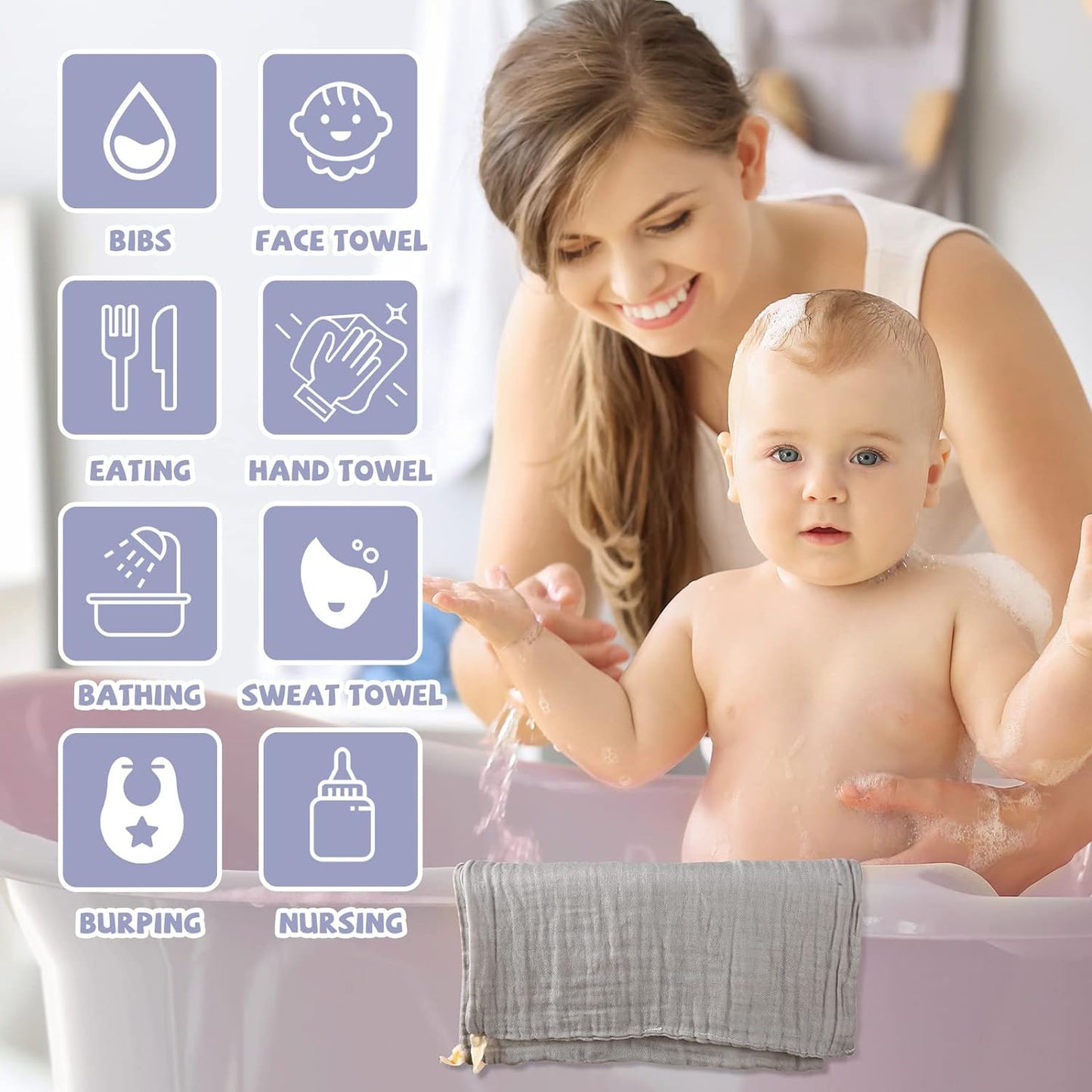 MUKIN Baby Washcloths - Soft Face Cloths for Newborn, Absorbent Bath Face Towels, Baby Wipes, Burp Cloths or Face Towels, Baby Registry as Shower. Pack of 6-12x12 inches (Grey)