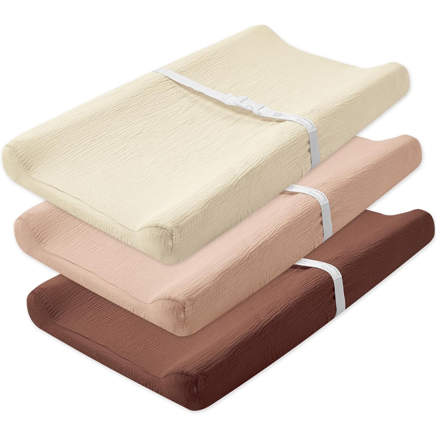 3 Pack Muslin Changing Pad Cover, Solid Changing Table Pad Cover, Soft Breathable Double Layer Boho Changing Pad Sheets Fit for Standard Changing Pad 16" x 32" (Cedar & Peach & Beige)