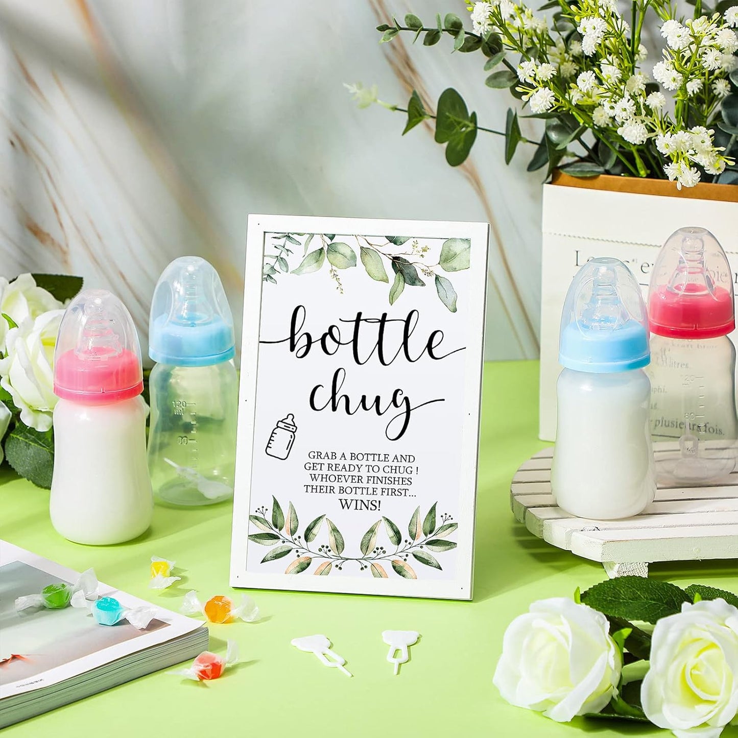 Roowest Bottle Chug Baby Shower Games Sets Including 18 Pcs Feeding Bottles with 1 Bottle Chug Wooden Sign for Gender Reveal Baby Shower Party Supplies(Pink, Blue,Eucalyptus)