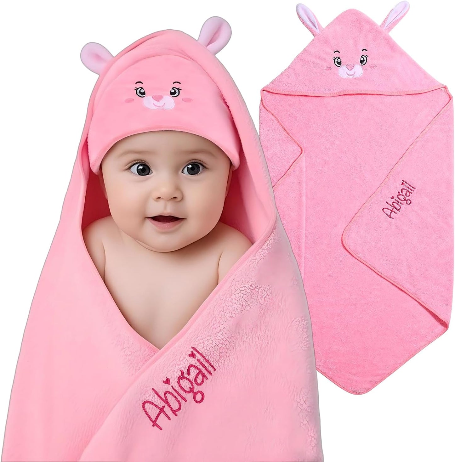 Personalized Baby Towels for Newborn Custom Embroidery Name Hooded Baby Bath Towels for Boy Girl Newborn Essentials Must Haves Shower Gift Soft Coral Velvet 30"x30" (Pink)