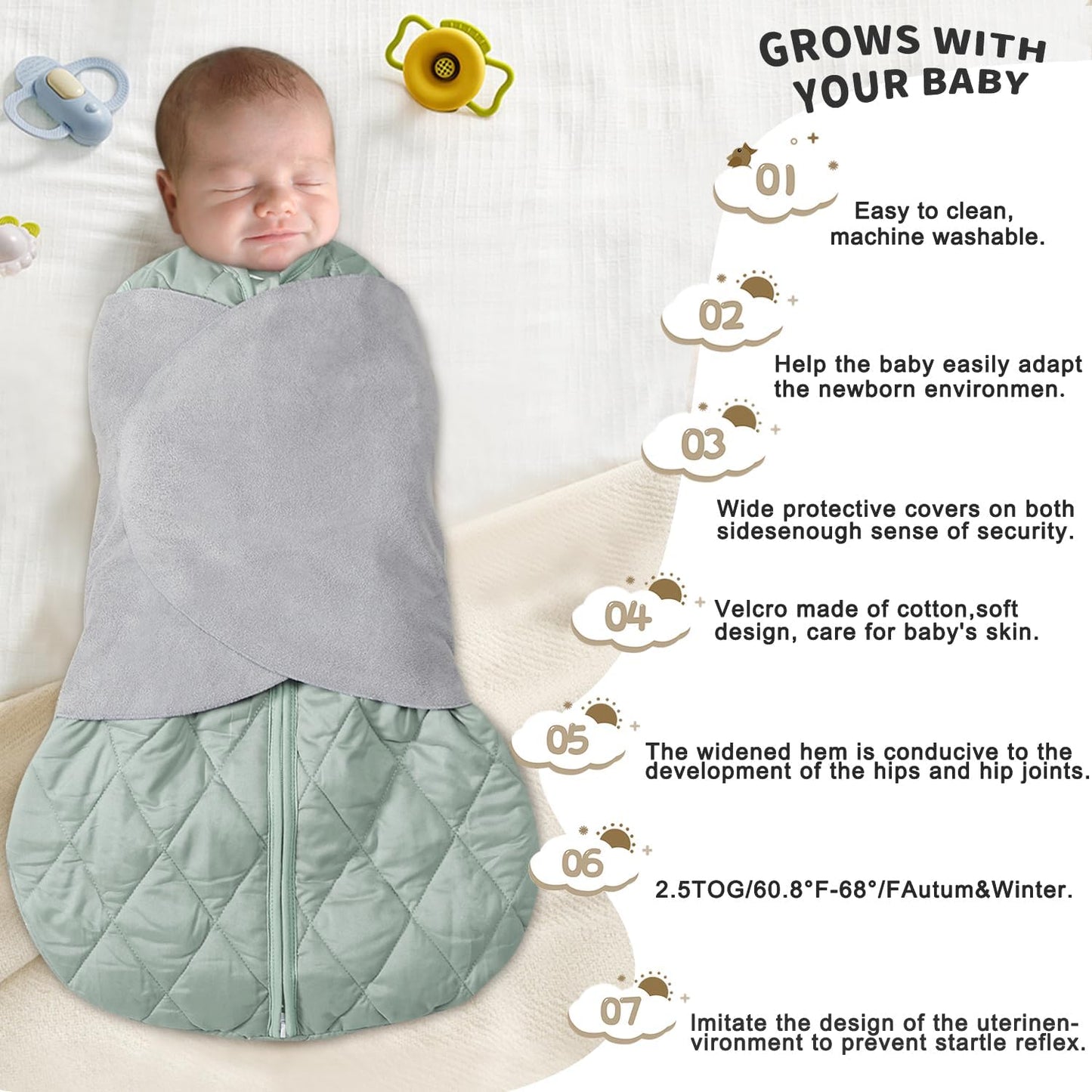 Newborn Sleep Sack Baby Swaddle,3-Way Adjustable Wearable Blanket,Swaddling Sleeping Bag,TOG 2.5 (Green, 3-6 Months)
