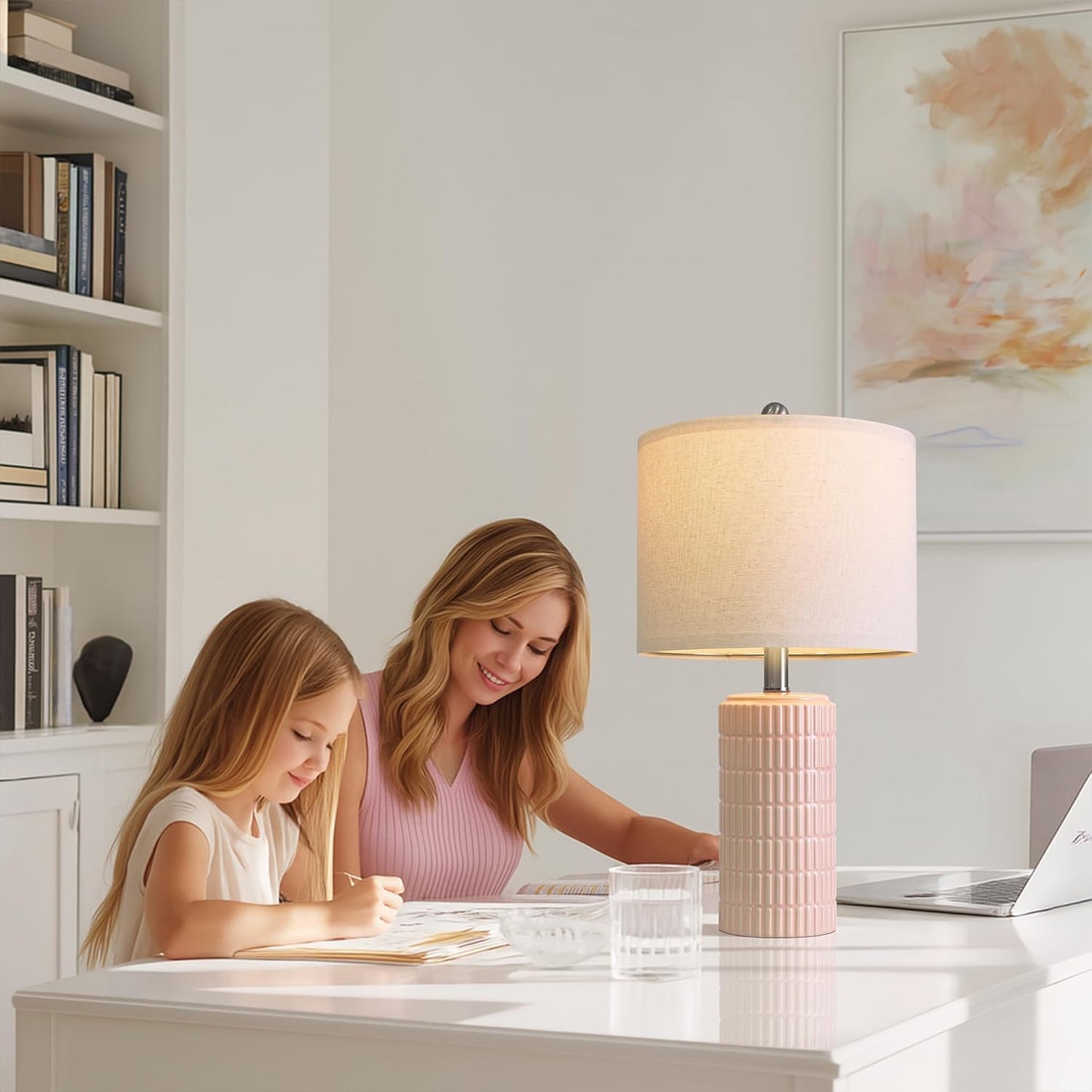 PoKat 20.75" Pink Ceramic Table Lamps Set of 2, Small Modern Bedroom Lamps for Girls Room, Bedside Lamps for Night Stands, Cute Lamps for Living Room Decor, Nightstands Desk Lamp, Light Pink