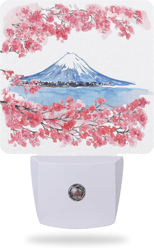 Cherry Blossoms Night Light,Mountain Fuji Plug-in Wall Led Night Lights Decor for Boys Girls Room,Dusk to Dawn Sensor Wall Lamp for Stairway/Hallway/Kitchen,0.5W