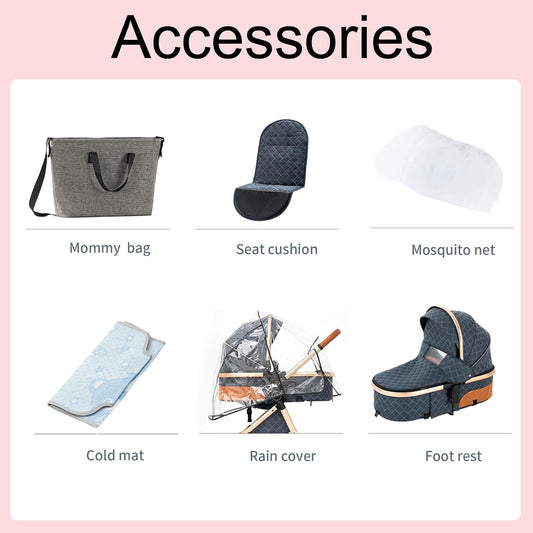 2 in 1 Baby Stroller, Convertible Pram, Reversible Standard Stroller, Portable Baby Buggy, Infant Carriage, Foldable High Landscape Pushchair for Toddler Newborn (225 Black Gold)