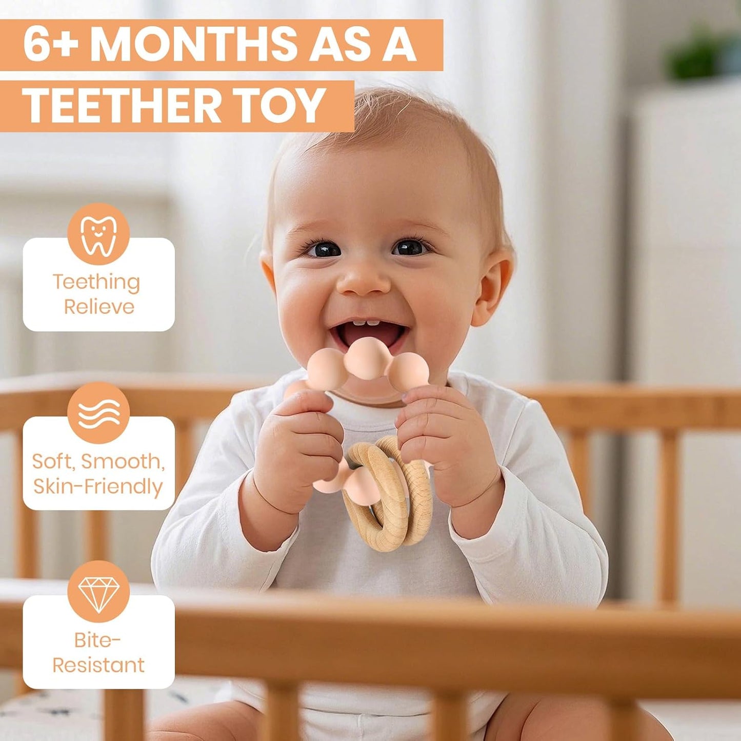 Socub Baby Teething Toys for 0-6 6-12 Months- BPA-Free Food-Grade Silicone & Natural Beech Wood Teether Ring for Newborn Infants Teething Relief- Easy-Grip Sensory Rattle Toys(Blush)