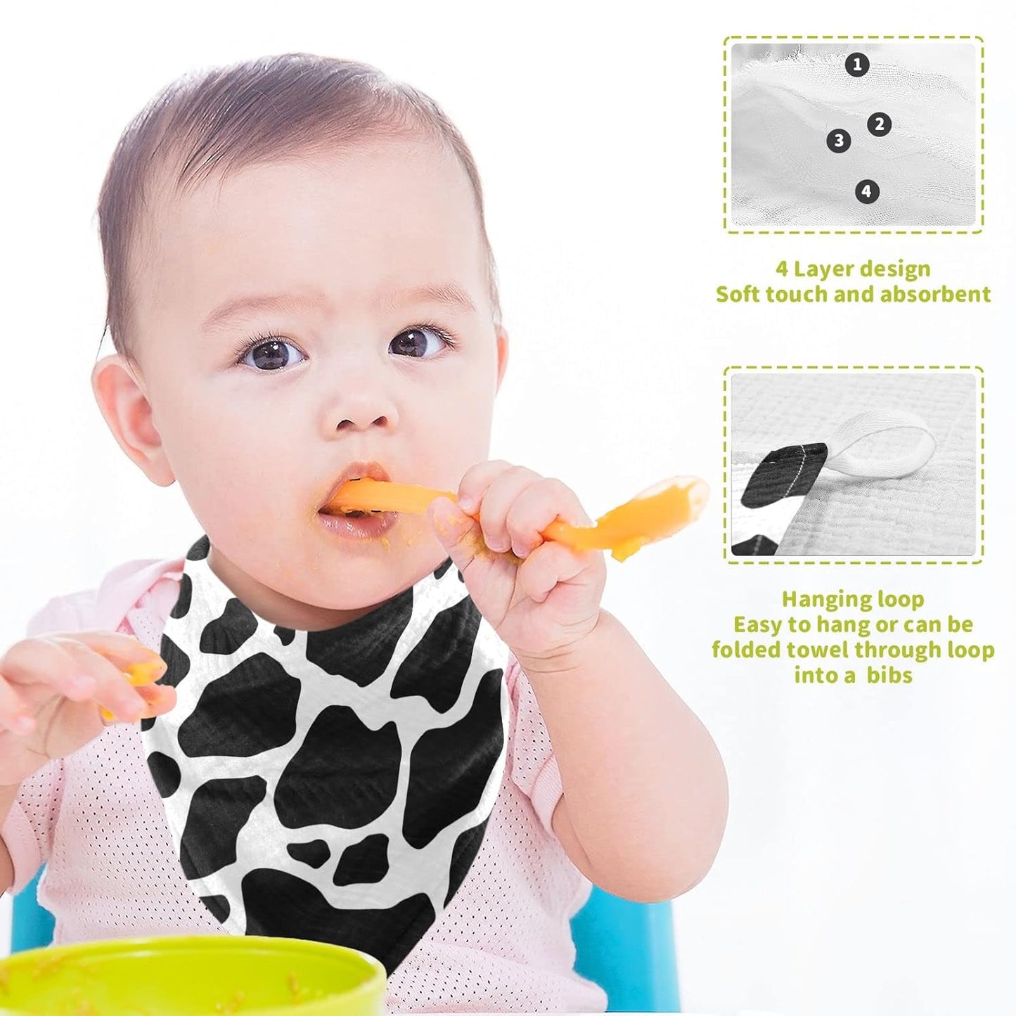 Black White Cow Print Baby Muslin Washcloths Cow Skin Burp Cloths Soft Absorbent Baby Wash Cloth Fingertip Face Towels for Newborn Boys Girls 12 x 12 in, 3 Pack