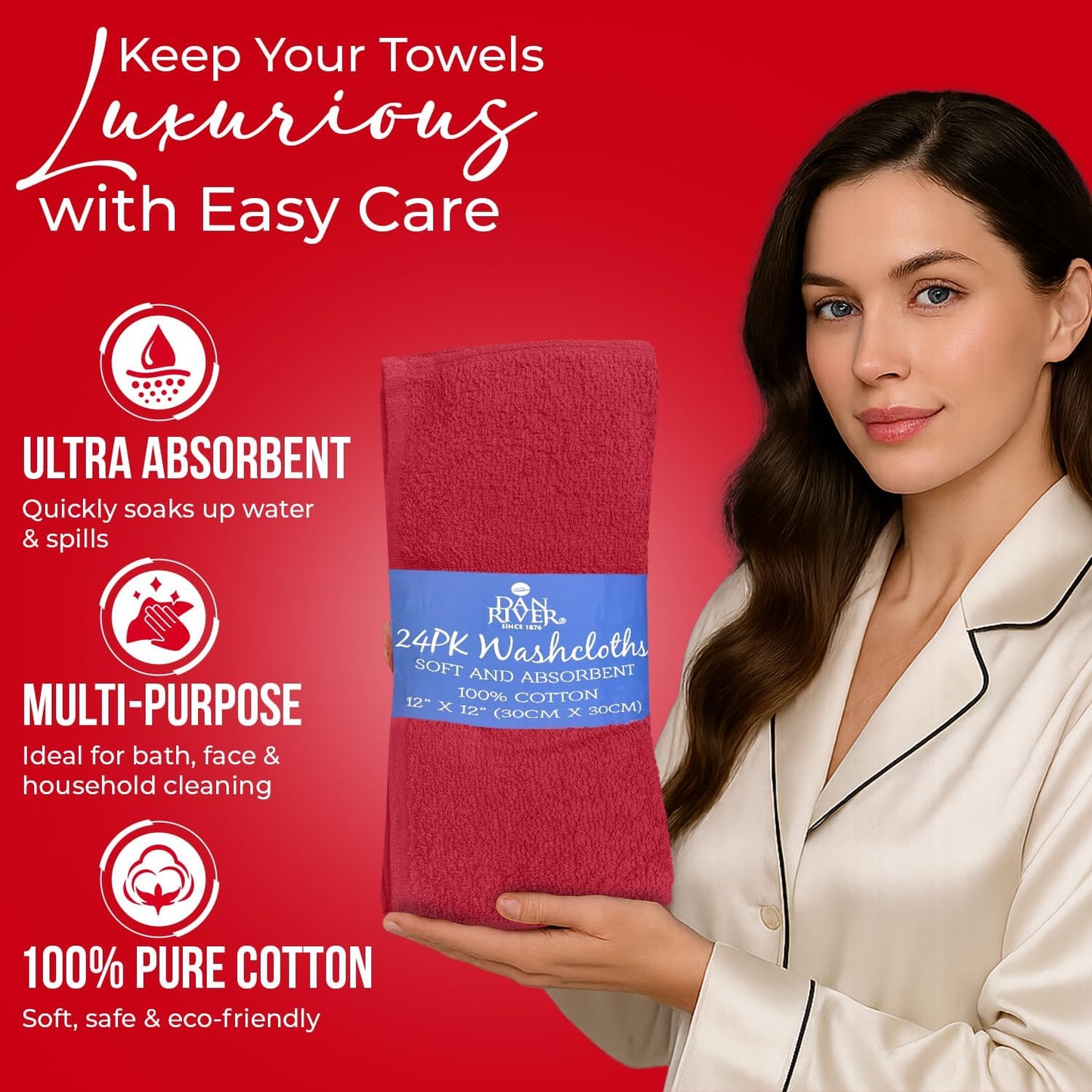 DAN RIVER 100% Cotton Wash Cloths 24 Pack [12x12] Soft & Absorbent Bath wash Cloths, Gym, Hotels & Spa Perfect for Everyday Use Fingertip Towels, Red