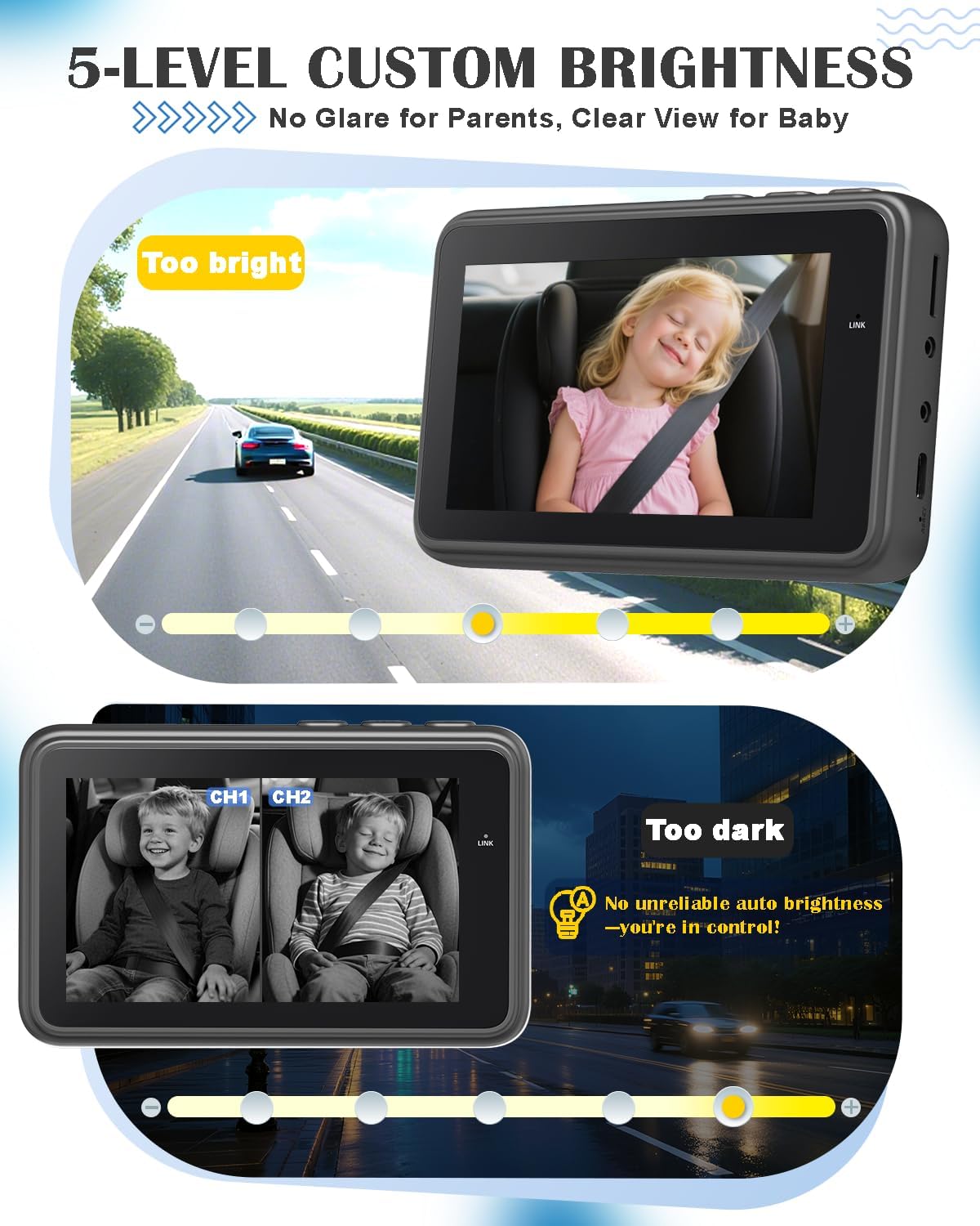 Baby Car Camera for 2 Kids - 4.3" Dual Channel Car Baby Monitor with Split Screen,Night Vision, Wide View, Easy Install Rear Facing Backseat Camera for Baby