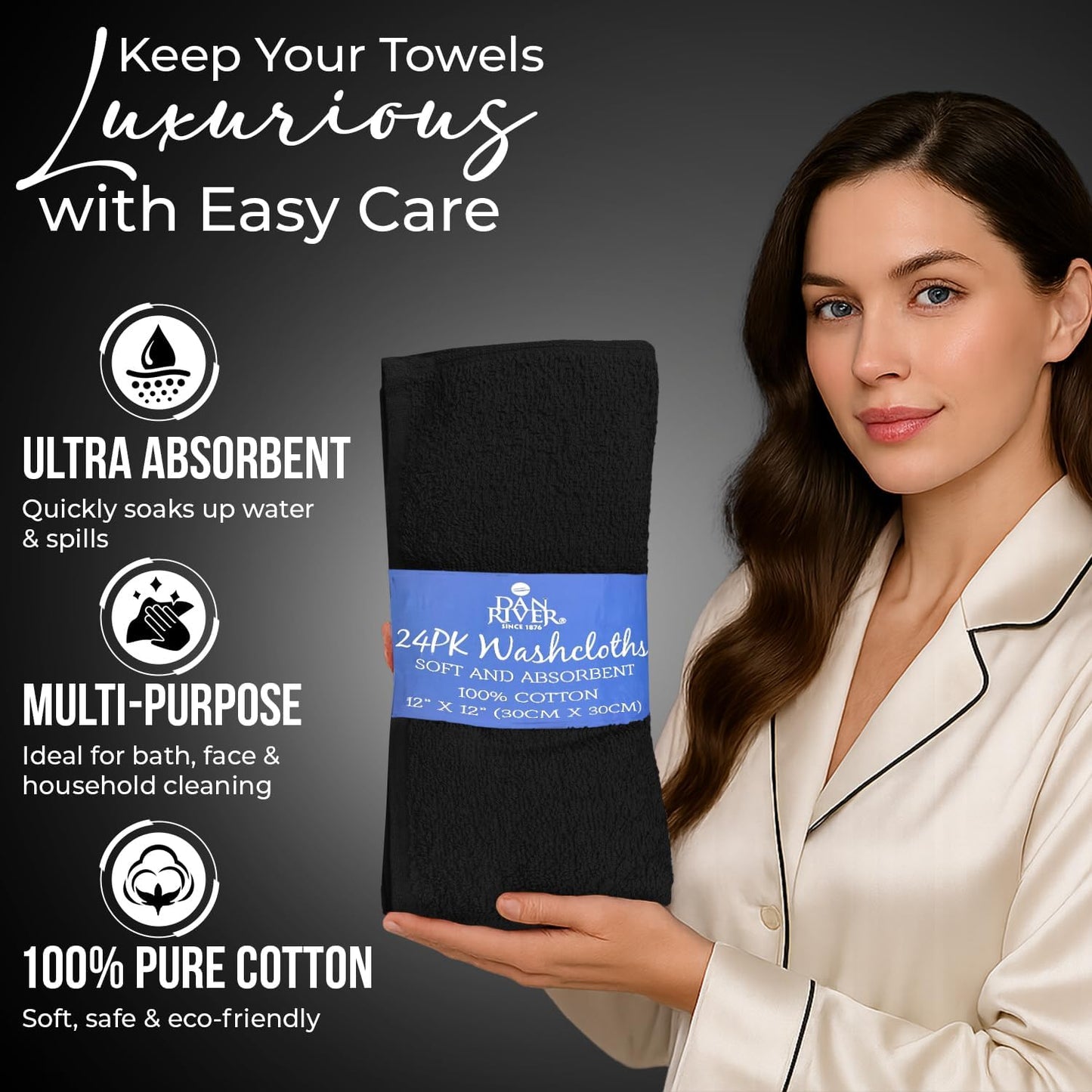 DAN RIVER 100% Cotton Wash Cloths 24 Pack [12x12] Soft & Absorbent wash Cloths for Body, Gym, Hotels & Spa Perfect for Everyday Use Fingertip Towels, Black