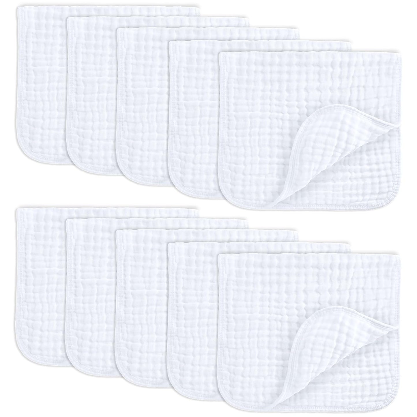Comfy Cubs Muslin Burp Cloths 20" x 10", Pack of 10 - Large, 6-Layer, Ultra Absorbent 100% Cotton for Baby Drool and Messes - Soft, Safe & Gentle Baby Burp Cloths for Boys & Girls - White