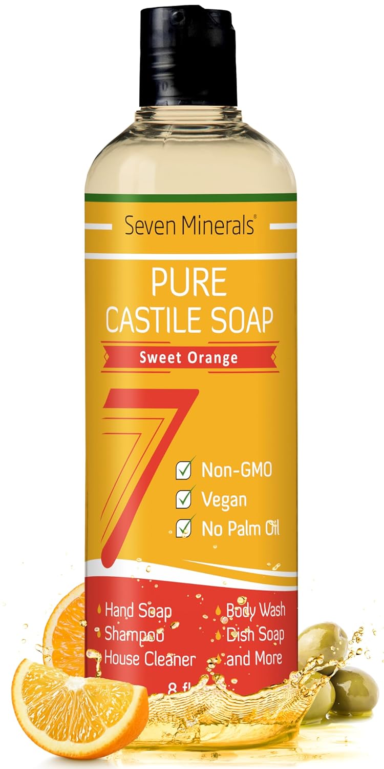 Seven Minerals Pure Castile Soap, Sweet Orange 8oz - No Palm Oil, GMO-Free - Gentle Liquid Soap For Sensitive Skin & Baby Wash - All Natural Vegan Formula with Organic Carrier Oils