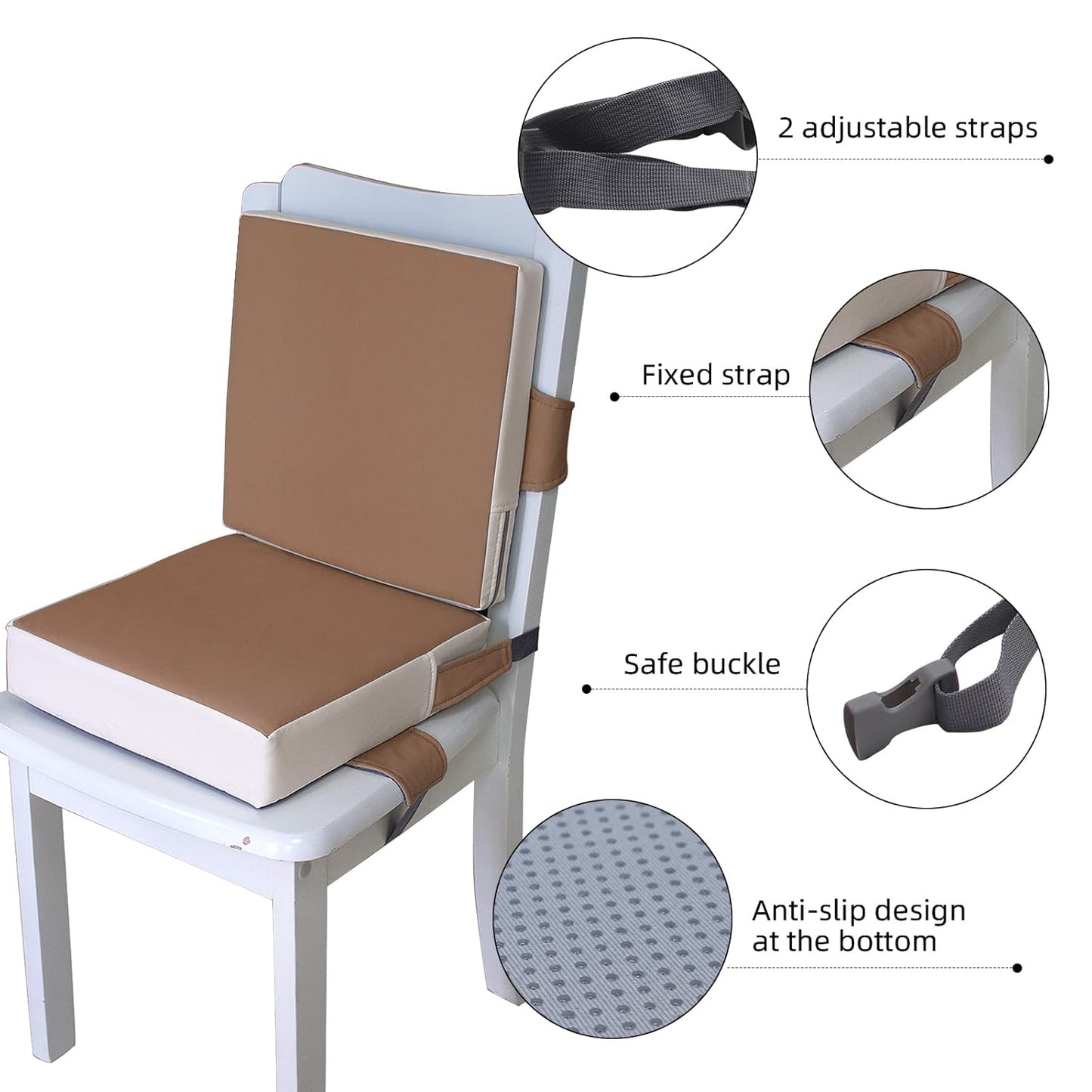 Booster Seat for Dining Table, PU Anti-Scratch Easy Cleaning Kids Toddler Booster Seat for Table, Portable Travel Increasing Cushion for Chair - Brown