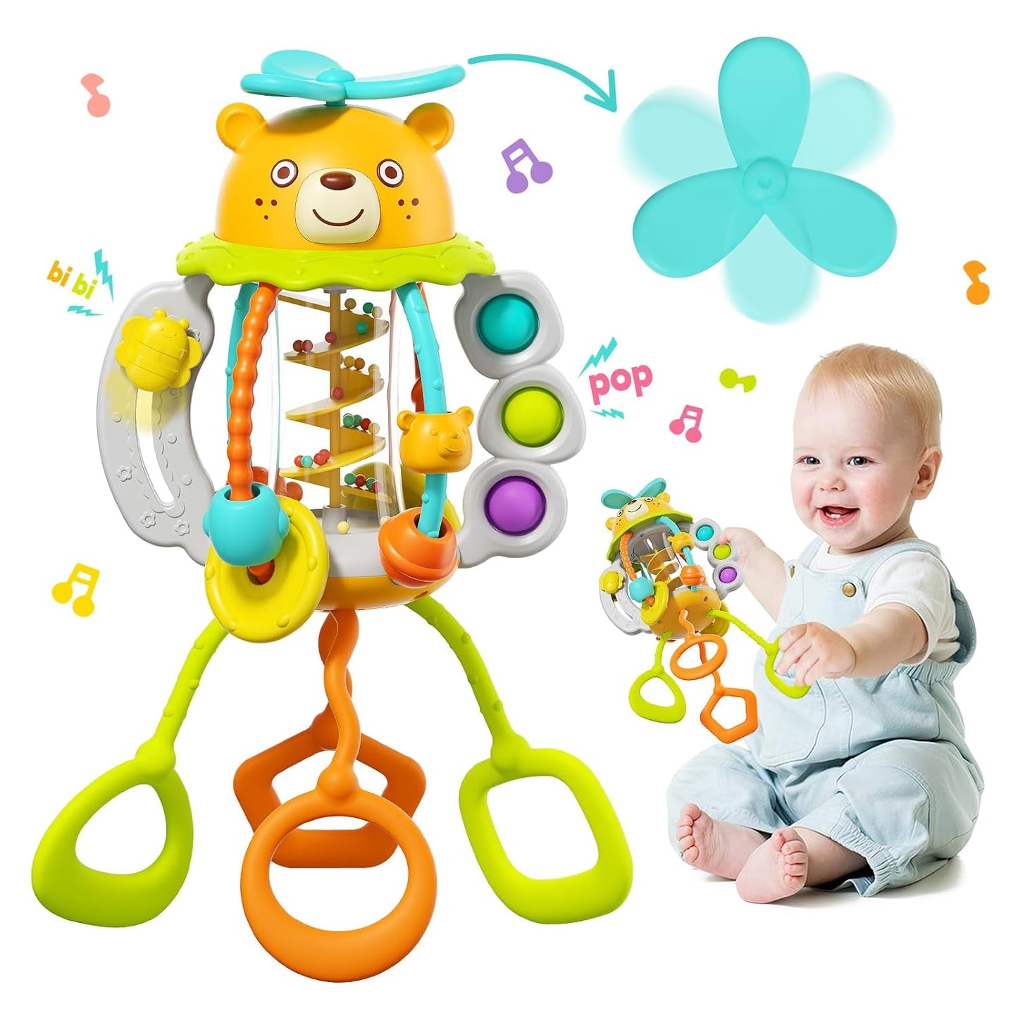 HOLA Montessori Toys for 1 Year Old Boys-Rattle Teething Baby Toys 0-6 & 6-12 Months, Silicone Pull String Sensory Toys for 1 Year Old Girl Gifts Christmas Stocking Stuffers
