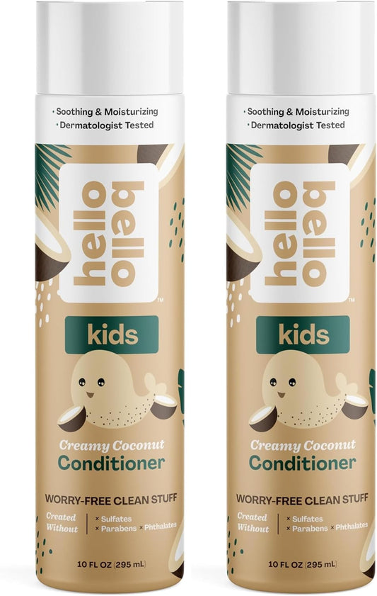 Hello Bello Kid's Conditioner - Hypoallergenic, pH-Balanced & Dermatologist-Tested - Thoughtful Ingredients - Coconut, 10 Fl Oz (2 Pack)