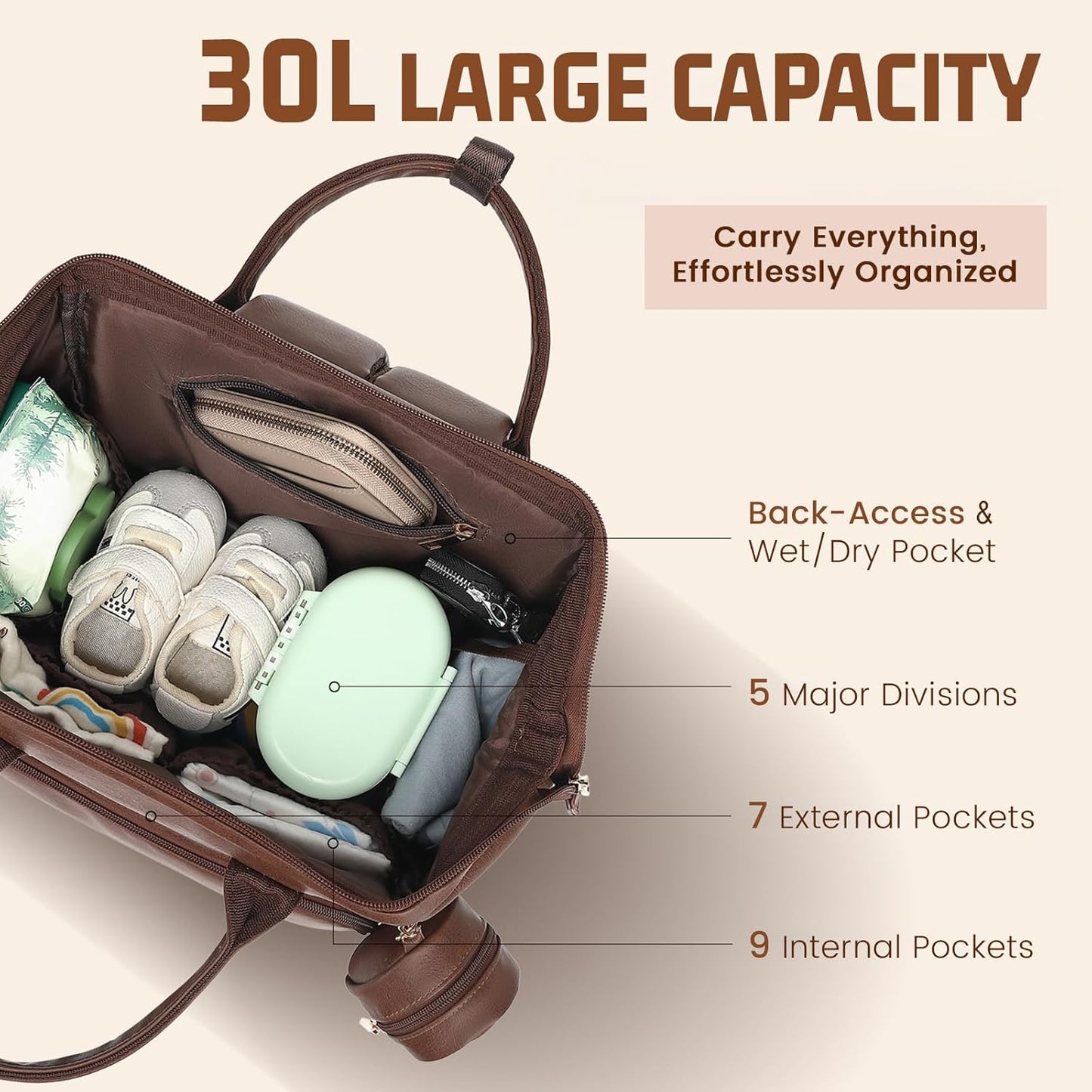 Premium Vegan Leather Diaper Bag Backpack with Waterproof Changing Pad – Reinforced Stitching & Zippers, Baby Bag for Boy Girl, Stroller Straps, Fits 15.6" Laptop for Work Moms, Dark Brown