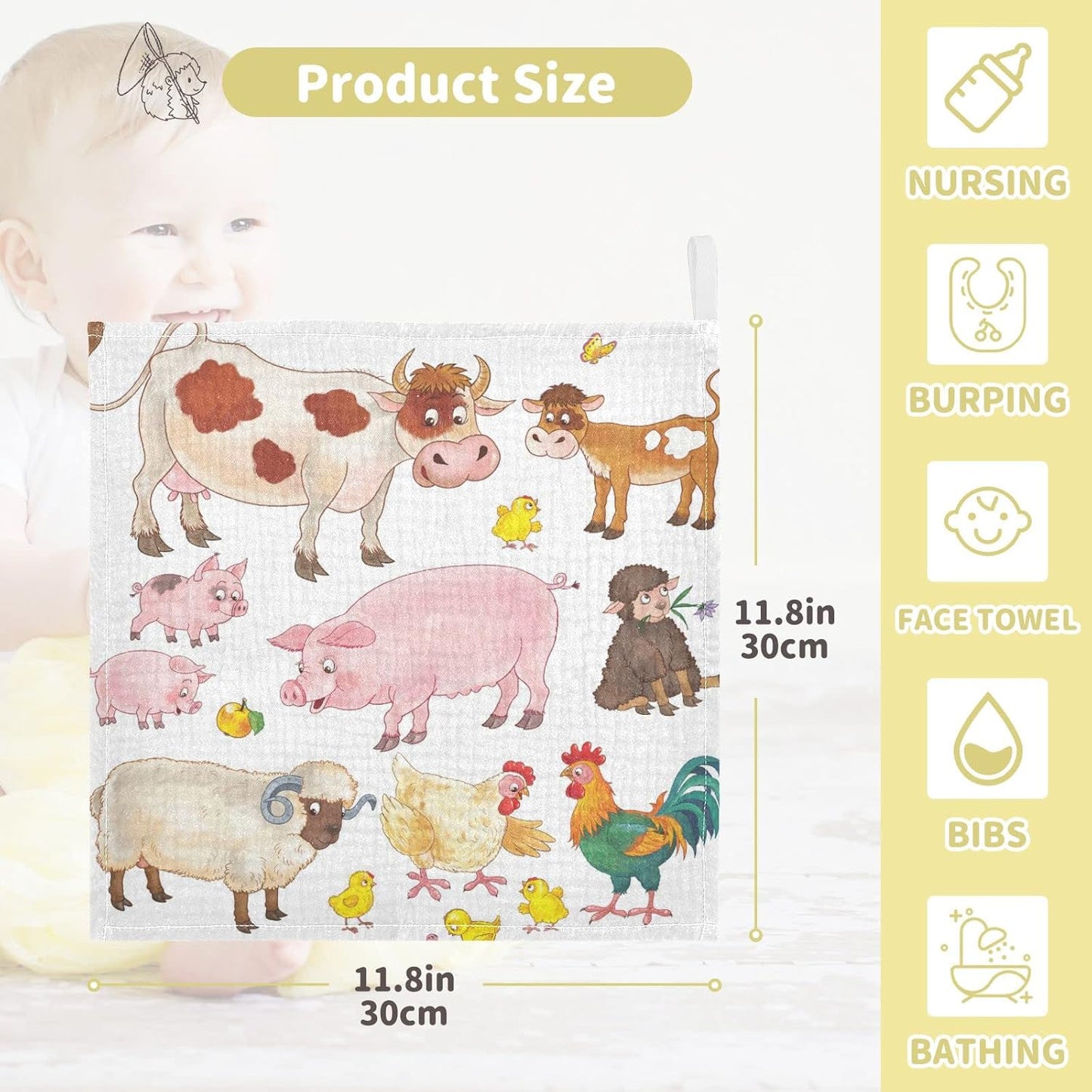 Cow Pig Sheep Chick Baby Muslin Washcloths Farmhouse Animals Burp Cloths Soft Absorbent Baby Wash Cloth Fingertip Face Towels for Newborn Boys Girls 12 x 12 in, 5 Pack
