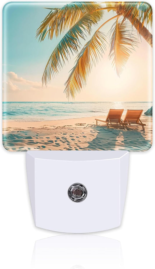 Beach and Sunset Night Light Plug into Wall, Tropical Palm Tree and Ocean Dusk to Dawn Night Light Plug in,0.5w Energy Saving Sleep Friendly NightLight for Kids Boys Girls Home Decor