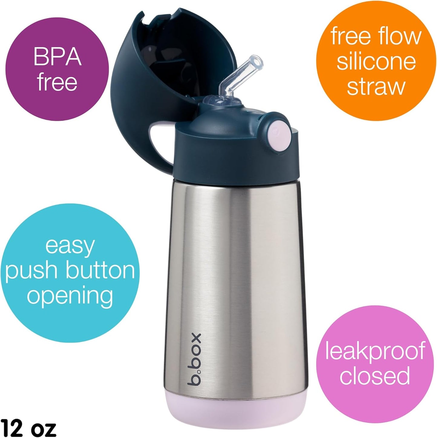 b.box 12 oz Insulated Water Bottle - Keeps Drinks Cold 8 Hours, Warm 6 Hours, Triple Wall Stainless Steel Kids Water Bottle w/Free Flow Silicone Straw, Leakproof & Dishwasher Safe