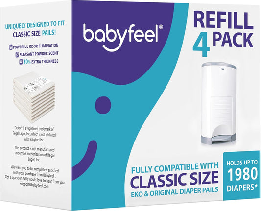 Babyfeel Refills Compatible with DEKOR CLASSIC Diaper Pails | 4 Pack | Exclusive 30% Extra Thickness | Diaper Pail Refills with Powerful Odor Elimination | Powder Scent | Holds up to 1980 Diapers