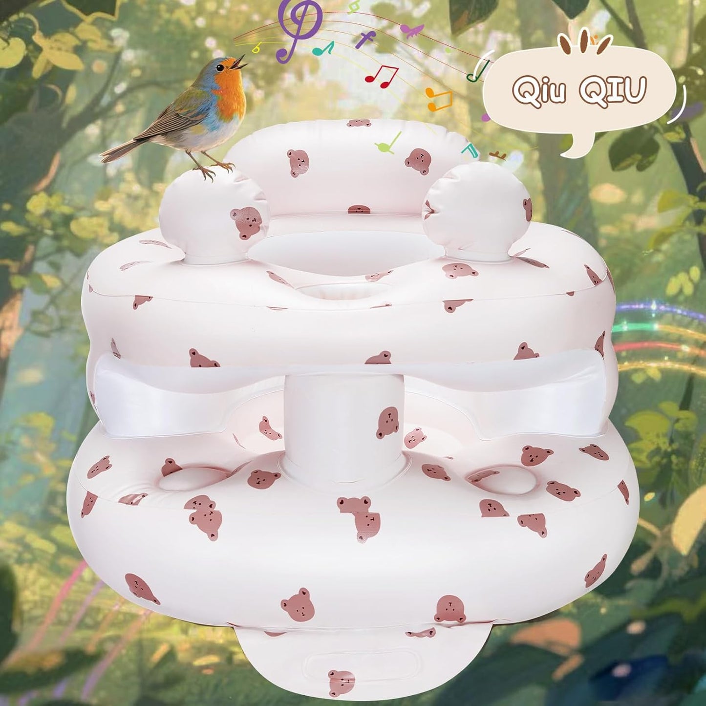 Inflatable Baby Seat for Babies 3-36 Months，[Squeaky Sound & Anti-Fall Design] Inflatable Chair with Sound-Making Ears, Baby Seat for Sitting-Up Practice, Built-in Air Pump (Ear Bear)