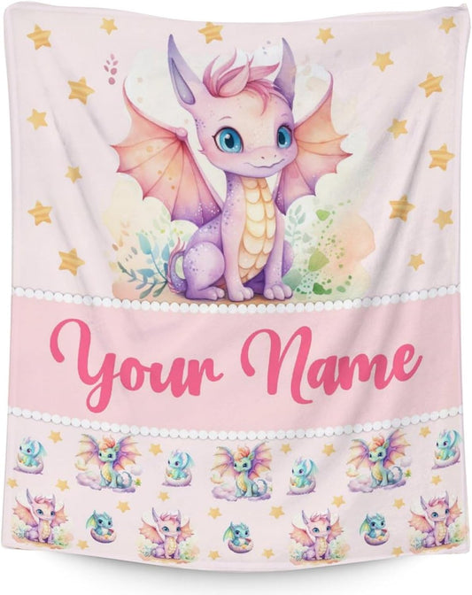 Custom Dragon Blanket Gifts with Name -40x50 Inches Cute Throw Blanket for Babies, Kids, Boys & Girls - Pink Soft Fuzzy Blankets for Couch, Sofa & Bed