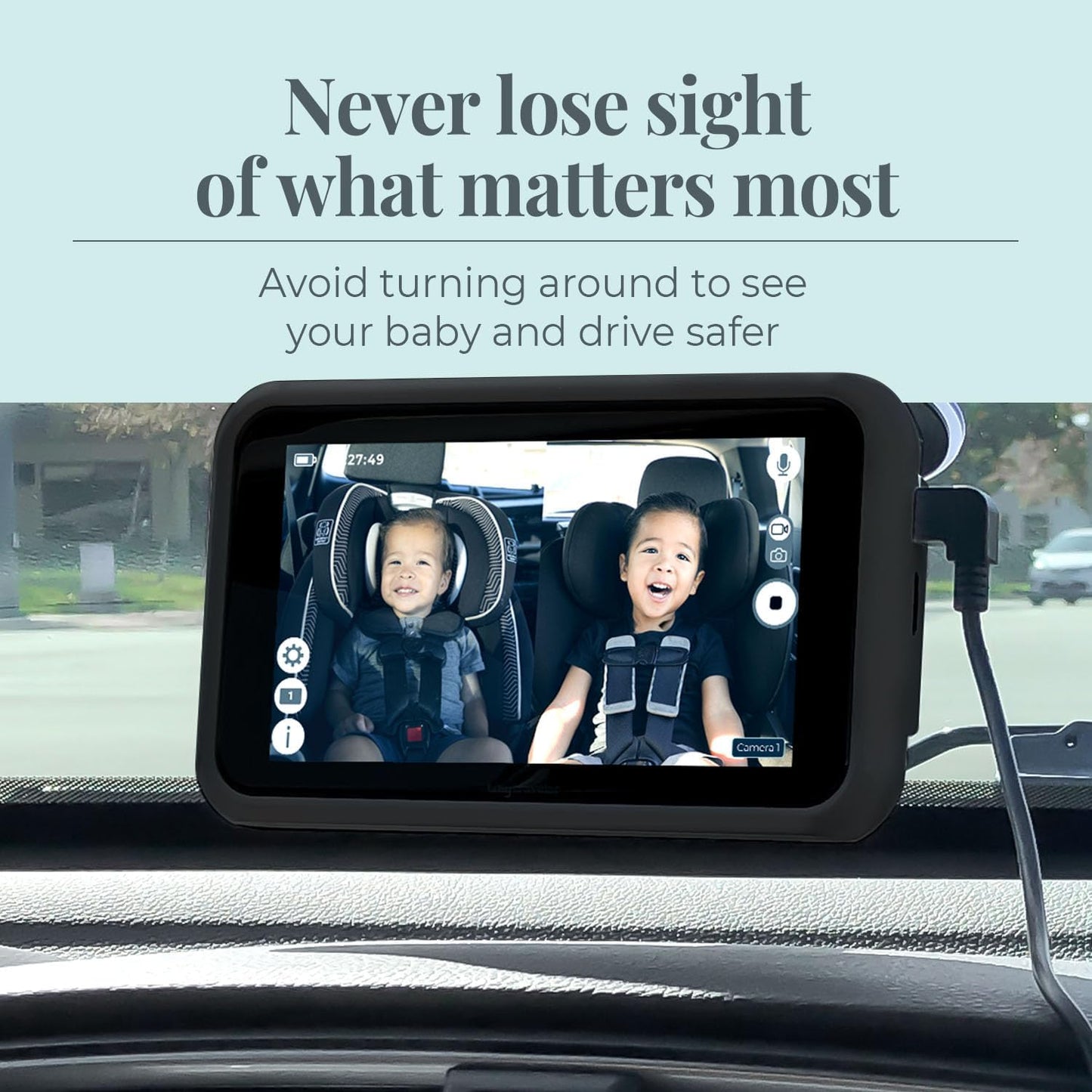 Tiny Traveler Baby Car Monitor for 2 Kids, 5” Touch Screen, No WiFi, Home Travel Roadtrip – Rear-Facing Car Seat Monitor Night Vision Baby Reminder Alert - Black