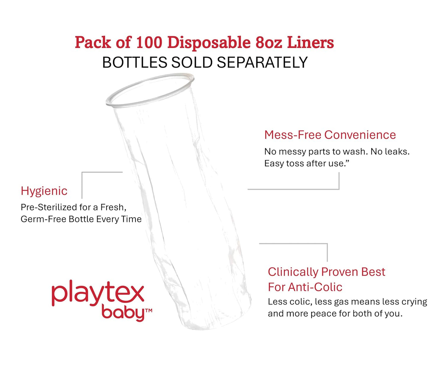 Playtex Baby Nurser Pre-Sterilized Disposable Drop-Ins Baby Bottle Liners, 8 Oz (100 Count), Anti-Colic, Gas Reduction, Easy to Clean, Closer to Breastfeeding, Perfect for Travel and On The Go