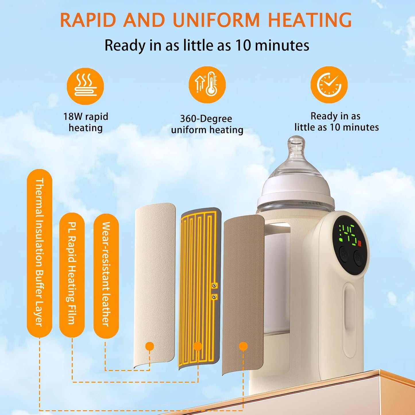 Portable Bottle Warmer for Baby Fast Baby Milk Warmer Multi-Function Milk & Formula Heater Even Heating & Defrosting Fits Most Bottles Ideal for Travel & Home Baby Feeding On The Go