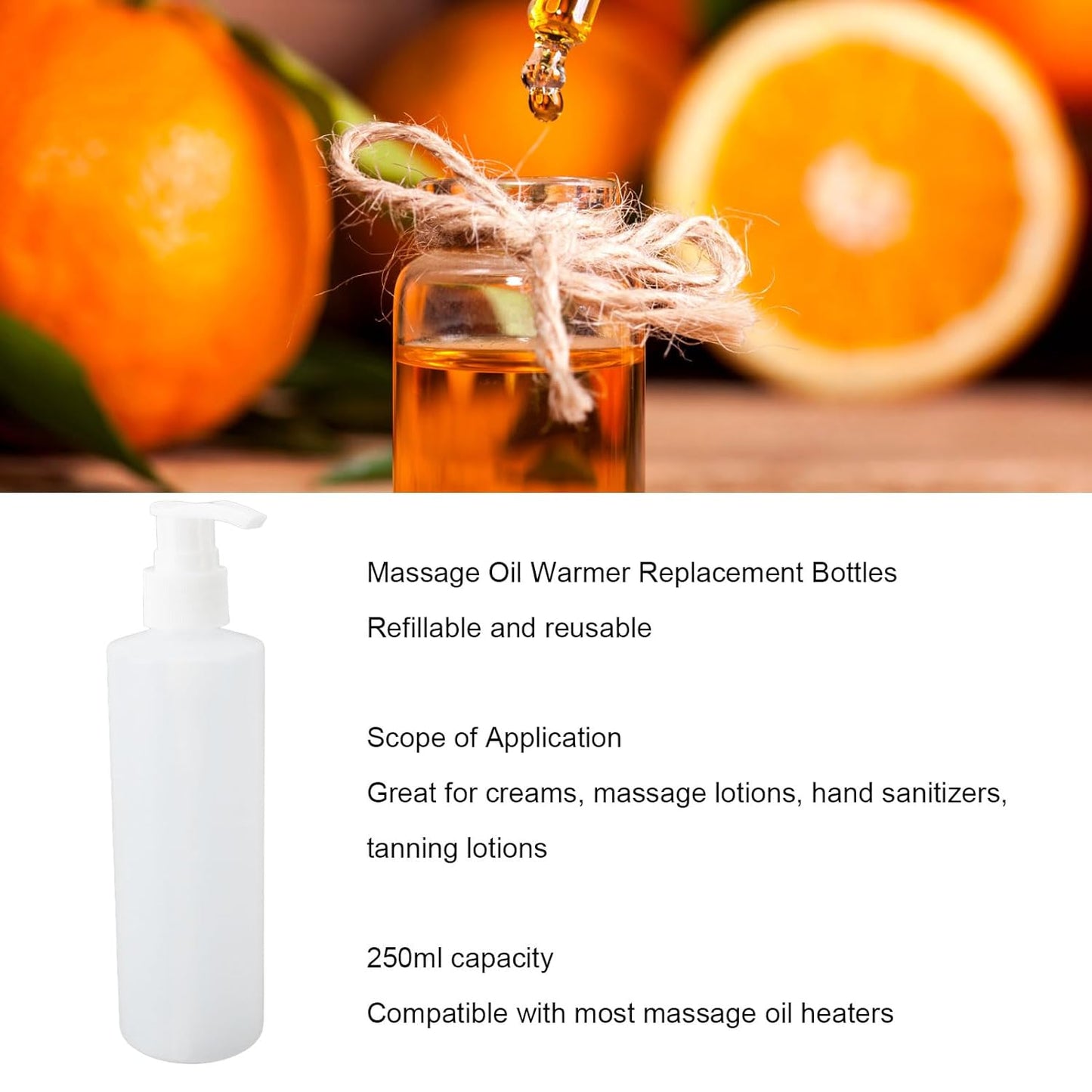 2pcs Massage Oil Warmer Replacement Bottle 250ml Refillable Professional Shampoo Pump Bottles for Face Cream Massage Lotion Hand Wash Tanning Lotion