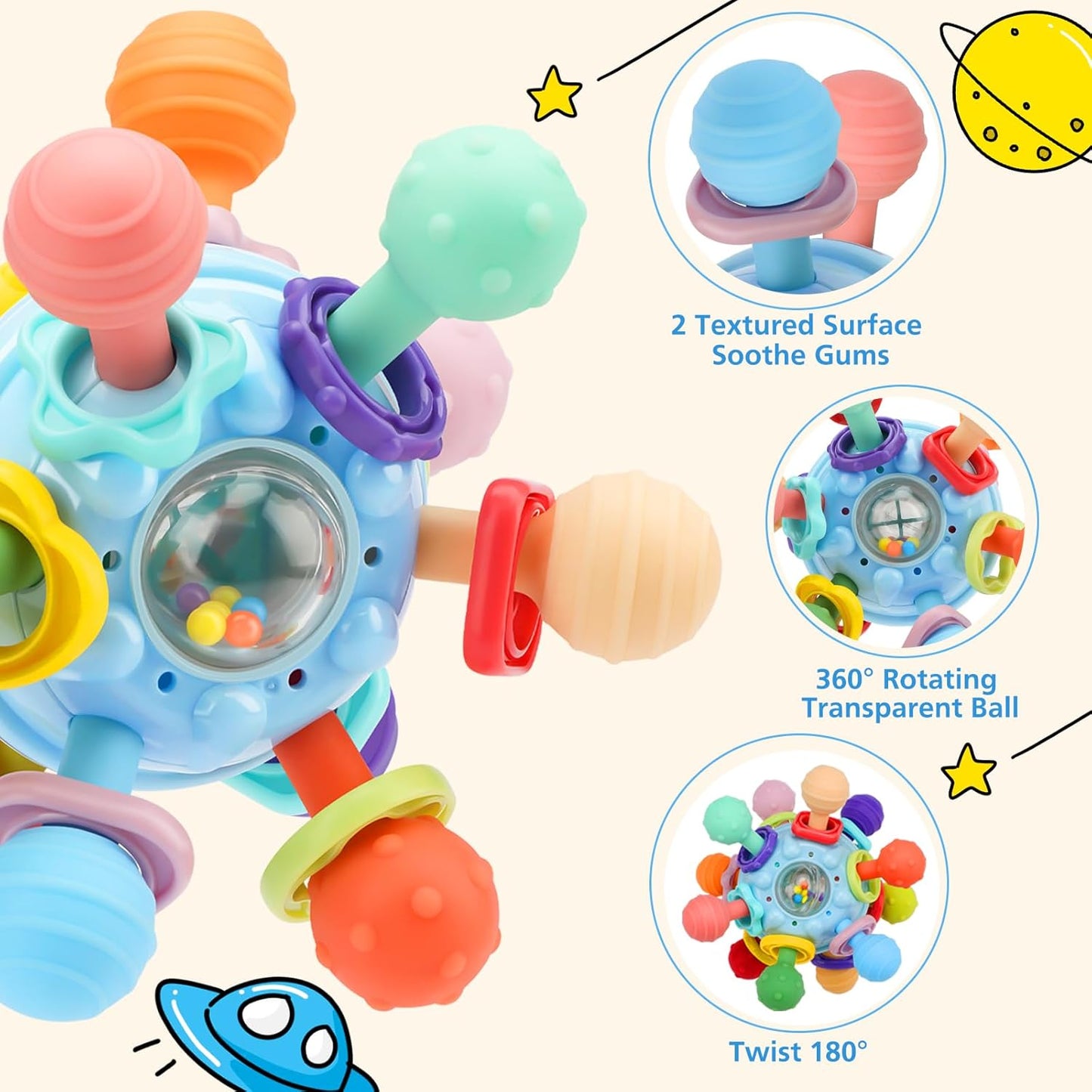 2 Pack Baby Teething Toys for 0-6 6-12 Months, Silicone Soothing Baby Teether Toys & Montessori Sensory Toys for Boy Girl, Safe and Durable Teething Toys for Newborn Infant