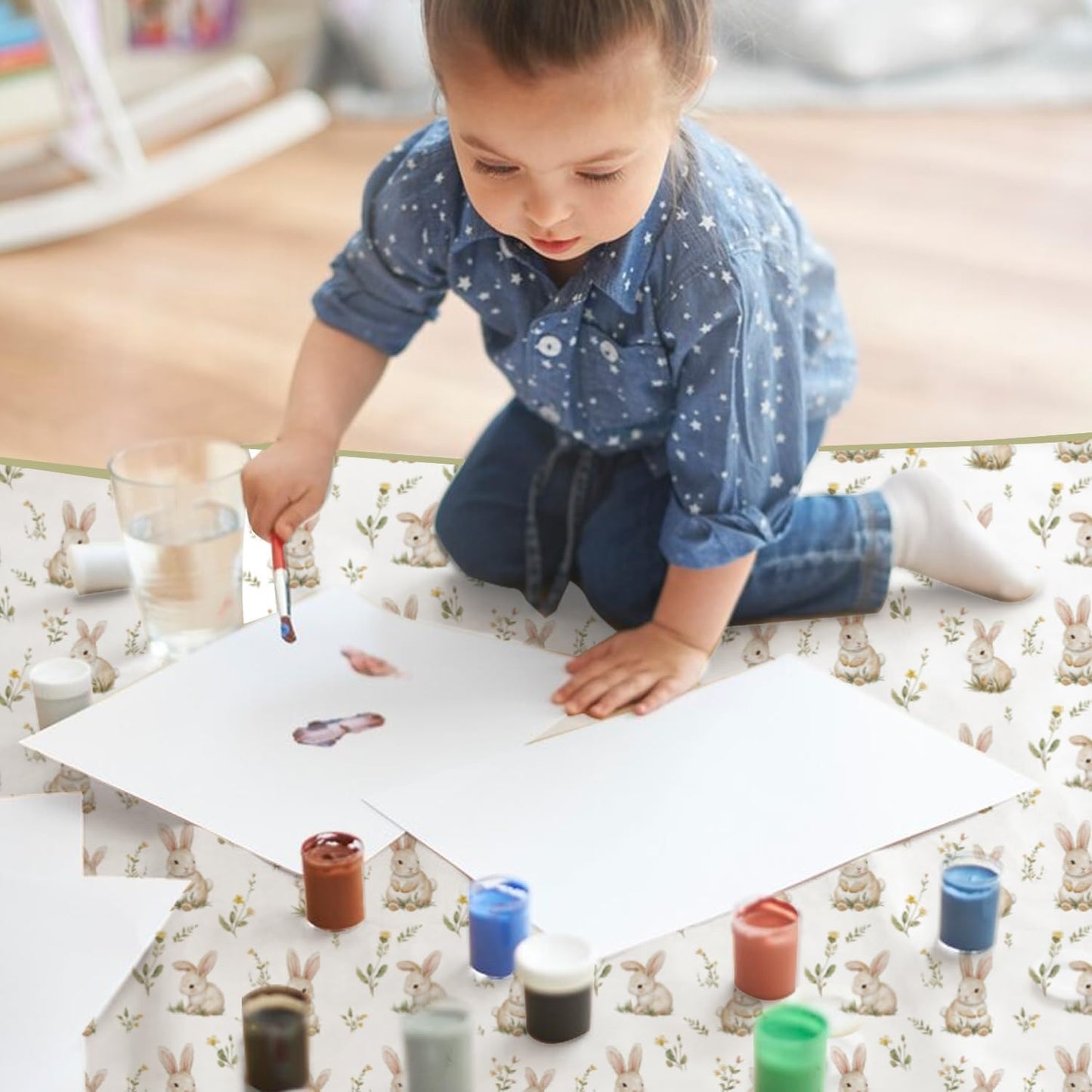 Baby Splat Mat for Under High Chair, 51 x 51 Inch Wipeable Splash Mat，Floor Protector，Wipe-Clean Tablecloth and Playing Mat (Rabbit)