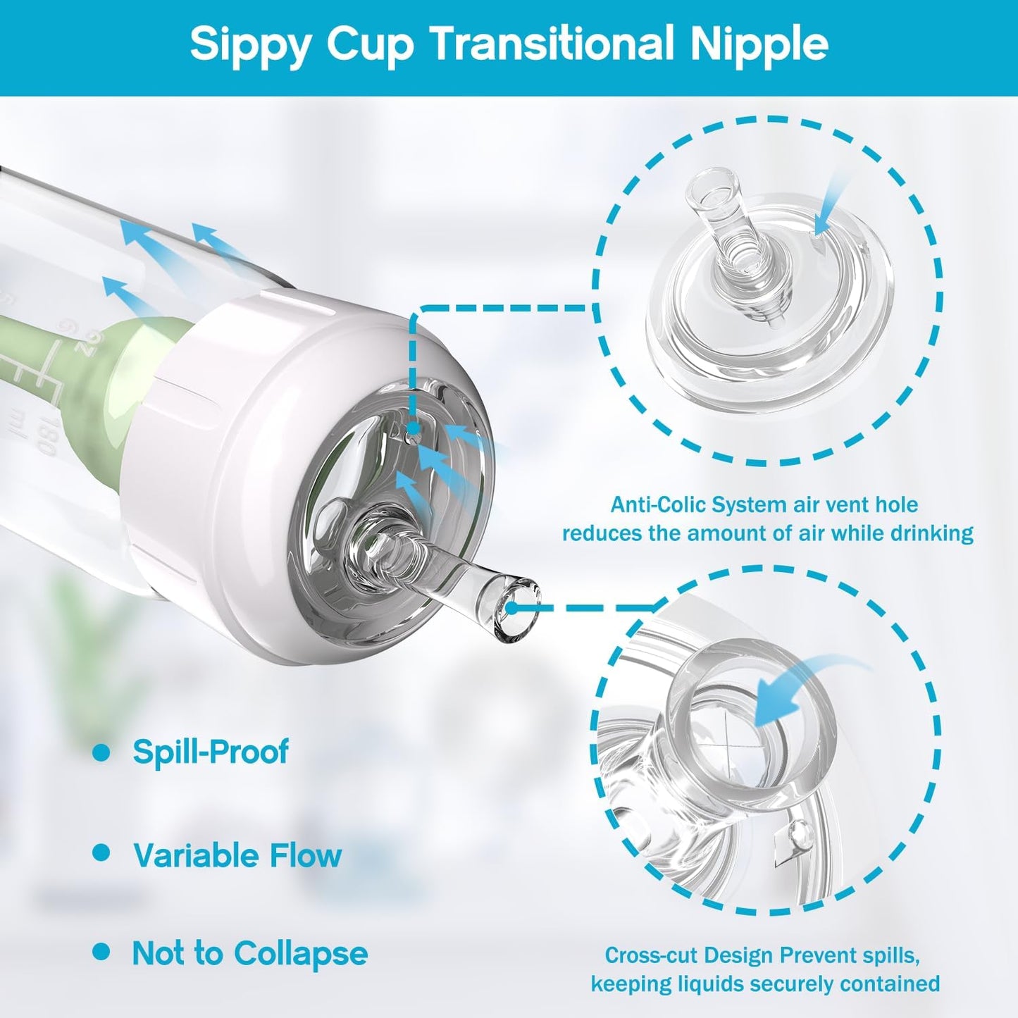 Sippy Straw Nipple for Dr. Brown's Narrow Baby Bottle & Glass Bottles and Narrow Sippy Spout Bottles,Leak-Proof Replacement Silicone Bottle Nipple BPA-Free, 8m+, 4 Count